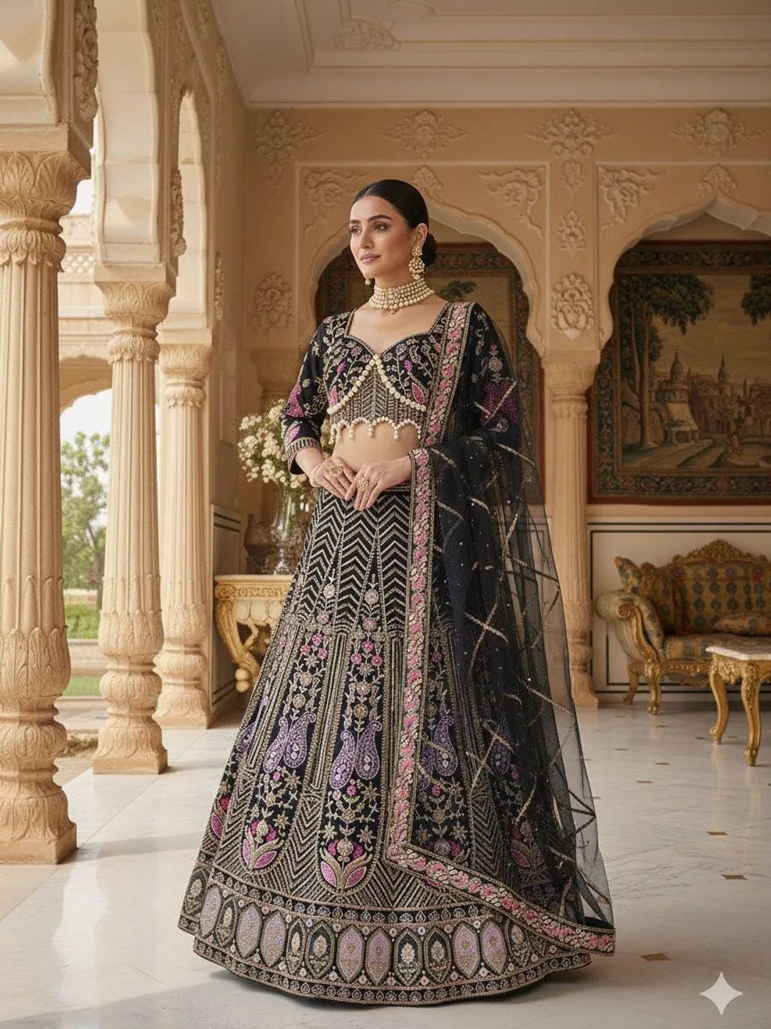 black dress for indian wedding Kasturi Silk Lehenga Choli with Hand Pearl Work Pattern - Shirts - Clothing Black Velvet Dress 4XL Size:8 years old Detailed Description
