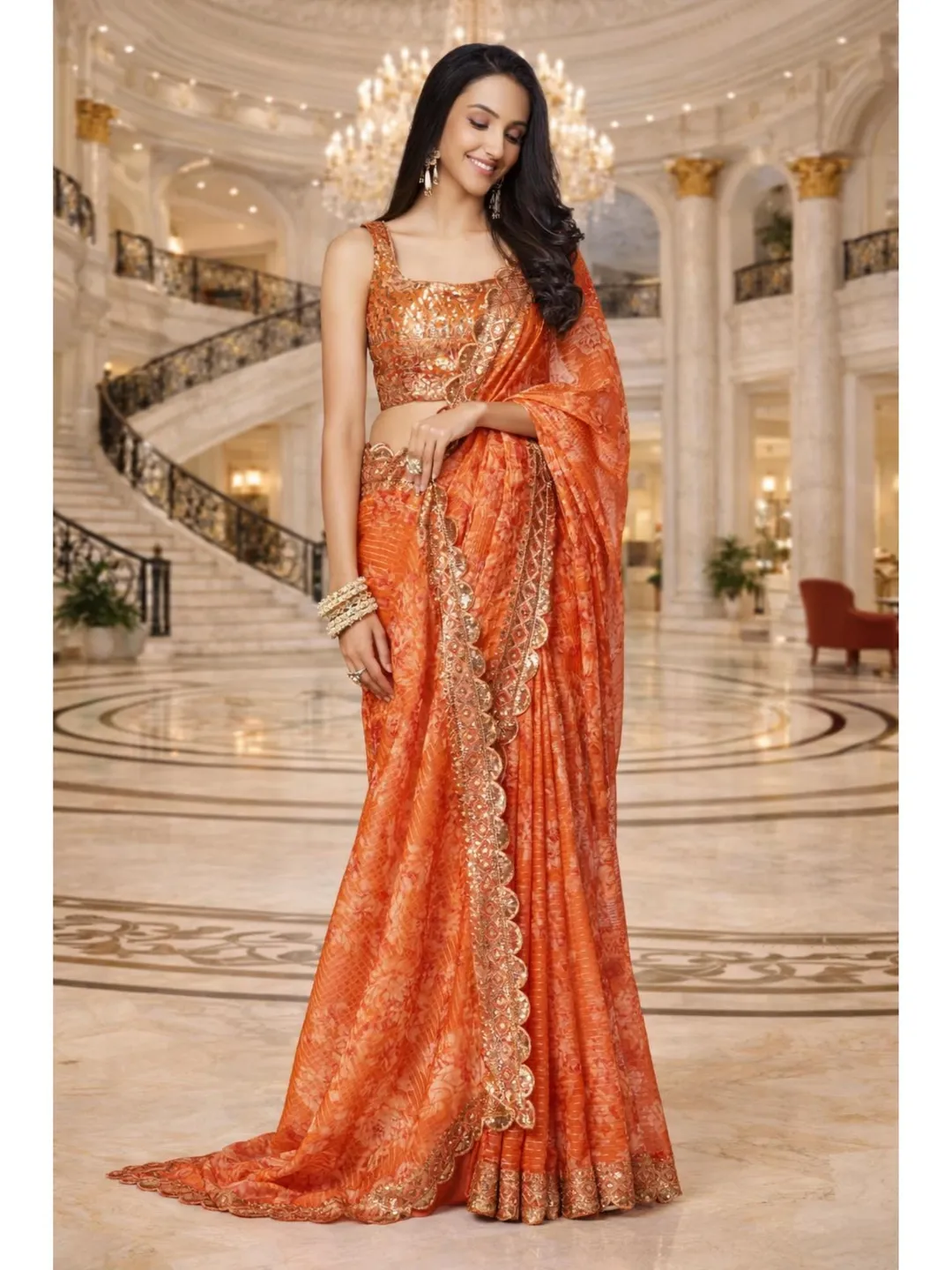 Orange Georgette Saree For Women: Indian Wedding Wear with Sequins Embroidery Ready To Wear