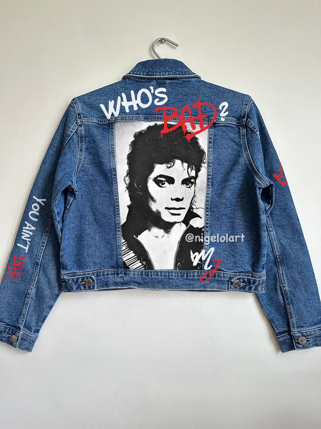 Painted denim jacket Who’s bad? Michael Jackson Custom gifts Blue denim jacket King of pop mj Dangerous Smooth Criminal