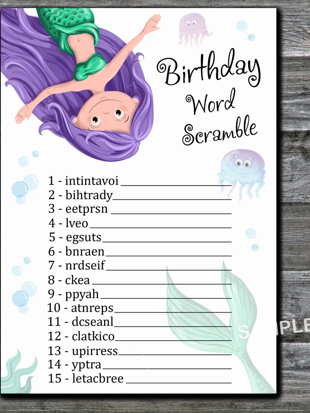 Mermaid Birthday Word Scramble Game,Adult Birthday party game-fun games for her-Instant download