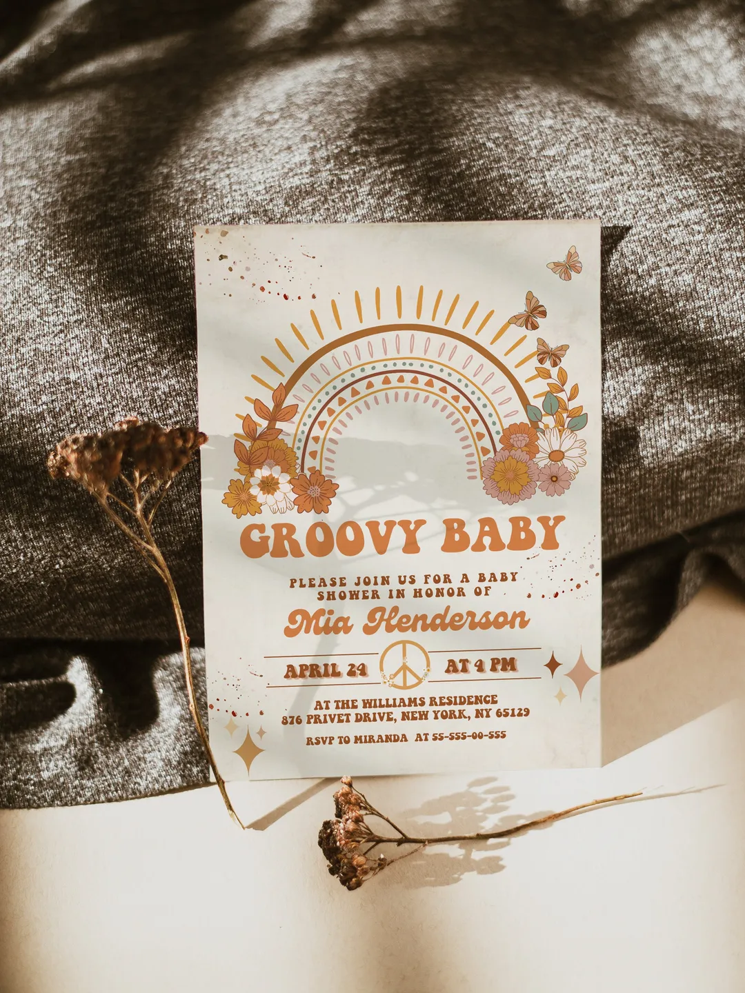 Groovy Baby Shower Invitation; Neutral Boho Groovy Baby Shower Template; Retro 70 80 Baby Shower Invite; Daisy Hippie Bohemian Cutie Retro