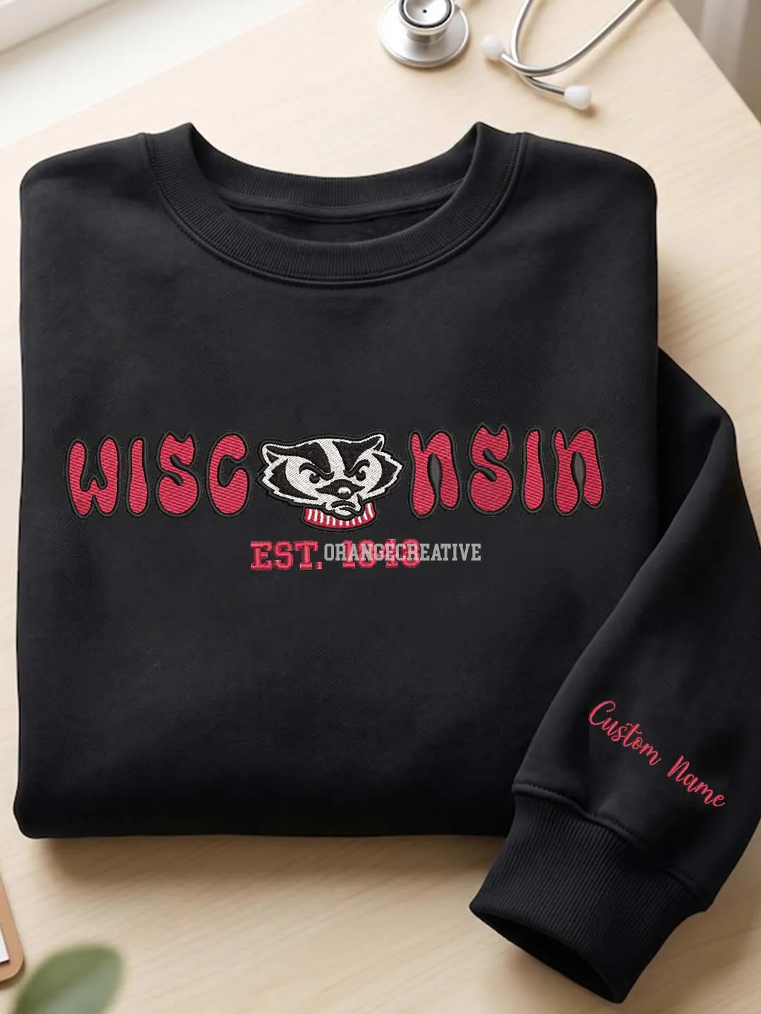 Wisconsin Badger Est Embroidered Sweatshirt, Sport Embroidered Crewneck, Football Embroidered Shirt, College Sweatshirt, Crewneck Gift