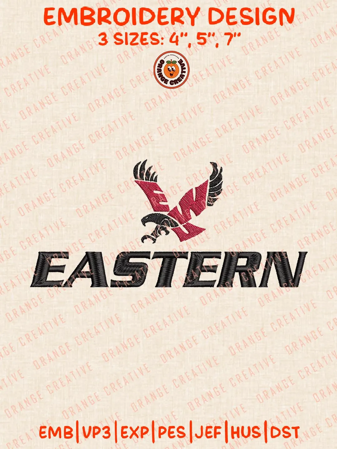 NCAA Eastern Text Embroidery Design, NCAA Eastern Washington Eagles Team Logo Embroidery Design, Machine Embroidery Design File, 4 Sizes, Custom Size, Digital Download