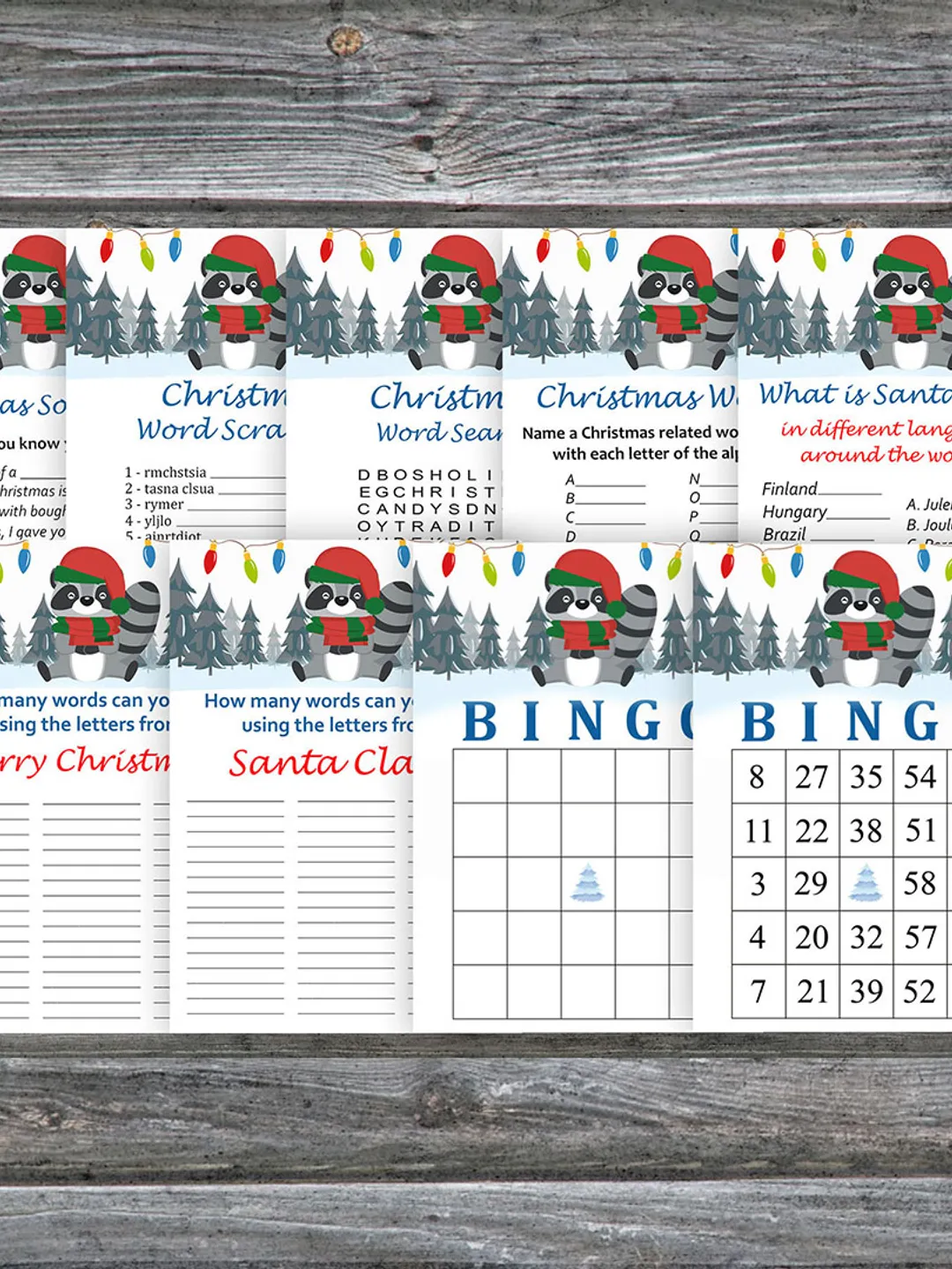 Christmas party games bundle,Printable Christmas Party Game Pack,Christmas Raccoon Trivia Game Cards