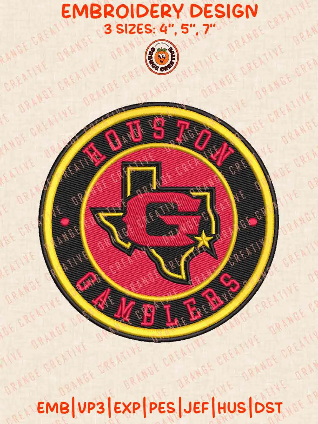 Houston Gambler Round Embroidery Files, Football League Embroidery Designs, Sport Machine Embroidery Files, 3 Sizes, Custom Sizes, Instant Download