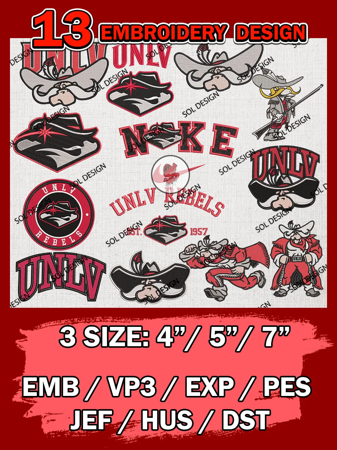 13 NCAA UNLV Rebels Bundle Embroidery Files, NCAA UNLV Rebels Team Bundle Embroidery Designs, NCAA Teams, National College Football Team 3 sizes, NCAA UNLV Machine Embroidery, Digital Download