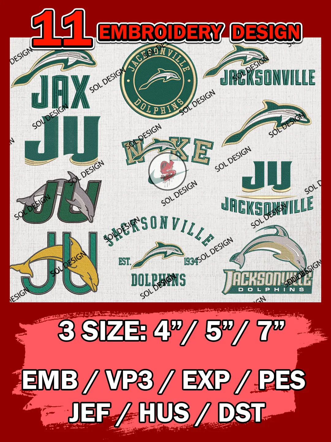 11 NCAA Jacksonville Dolphins Bundle Embroidery Files, NCAA Jacksonville Dolphins Team Bundle Embroidery Designs, NCAA Teams, National College Football Team 3 sizes, NCAA Jacksonville Machine Embroidery, Digital Download