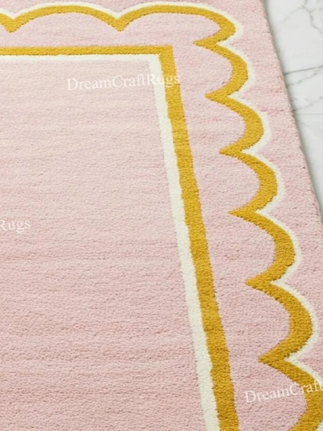 Border Area Rug Pink Hand Tufted Wool Area Rug: Pink with Scalloped Yellow Border