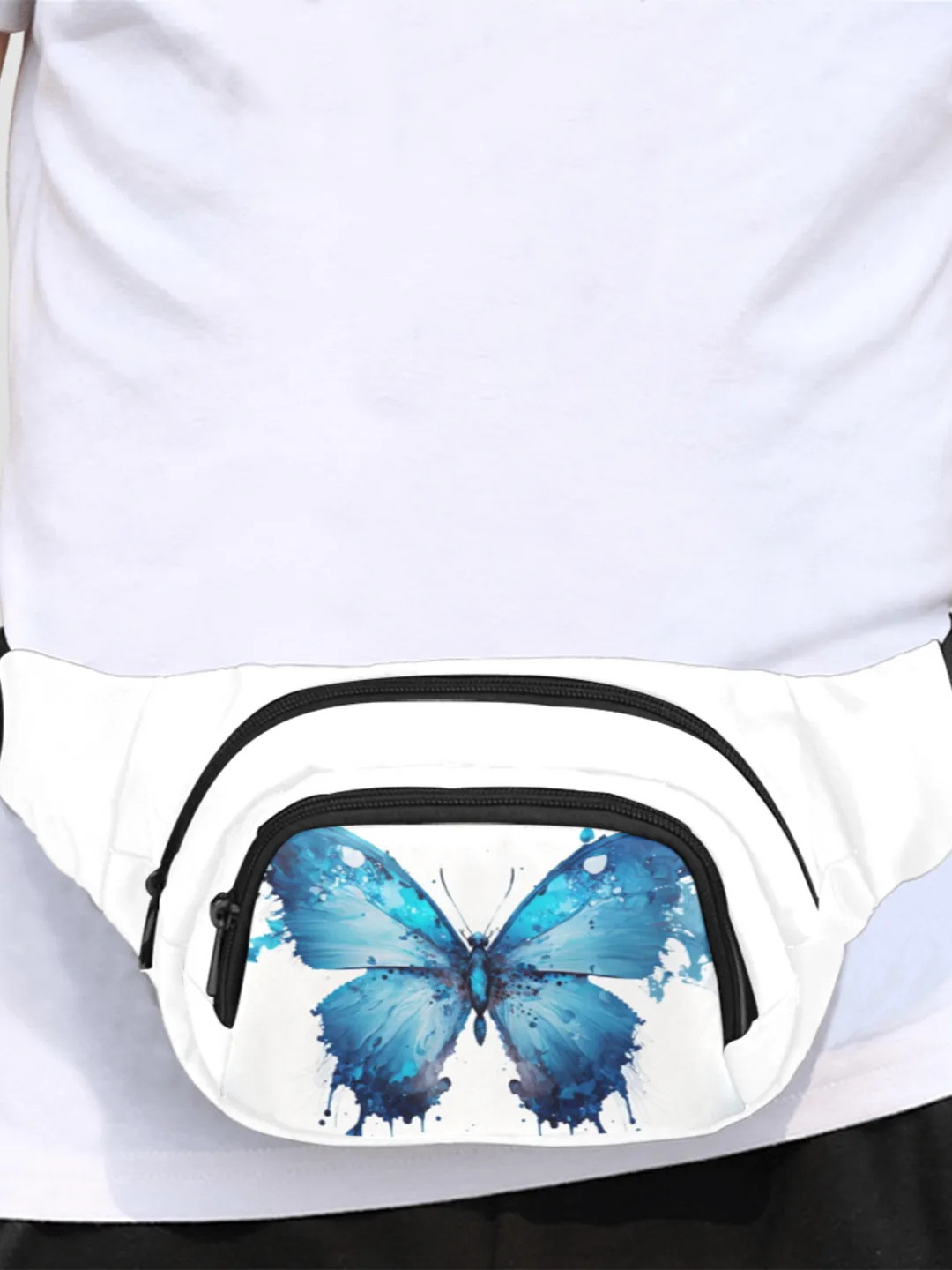 Blue Butterfly Watercolor Style Fanny Pack, Waist Bag