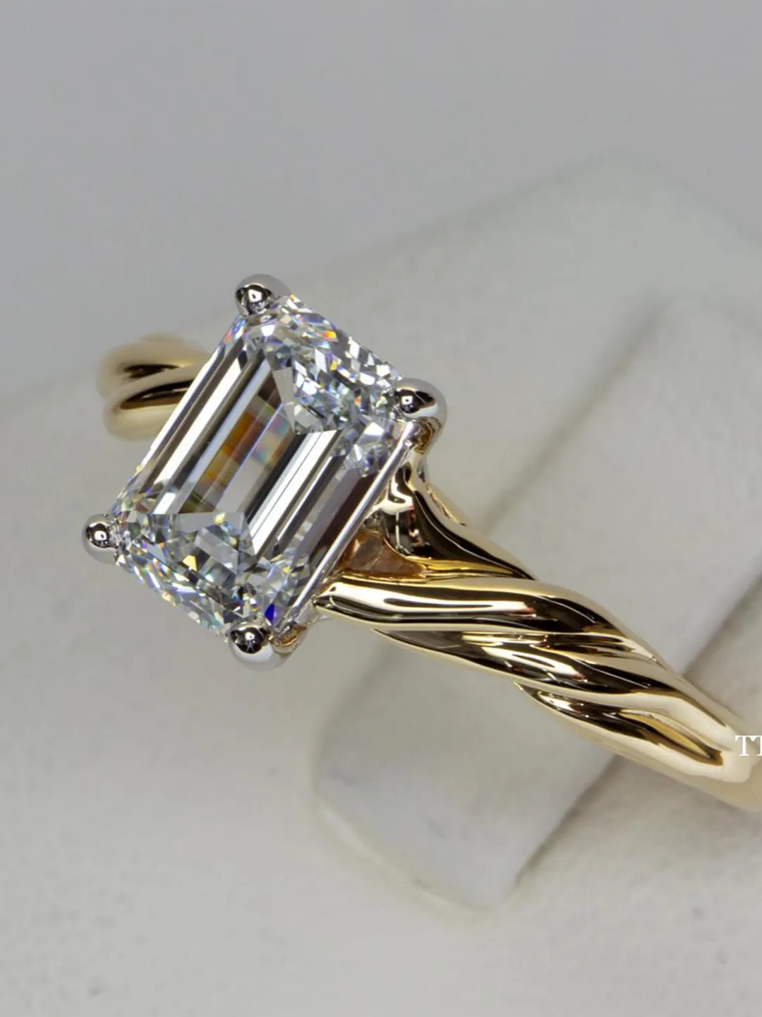 Emerald Cut Moissanite Engagement Ring Twisted Tow Tone Solid Gold Band Solitaire Wedding Ring Anniversary Ring For Women Promise Ring