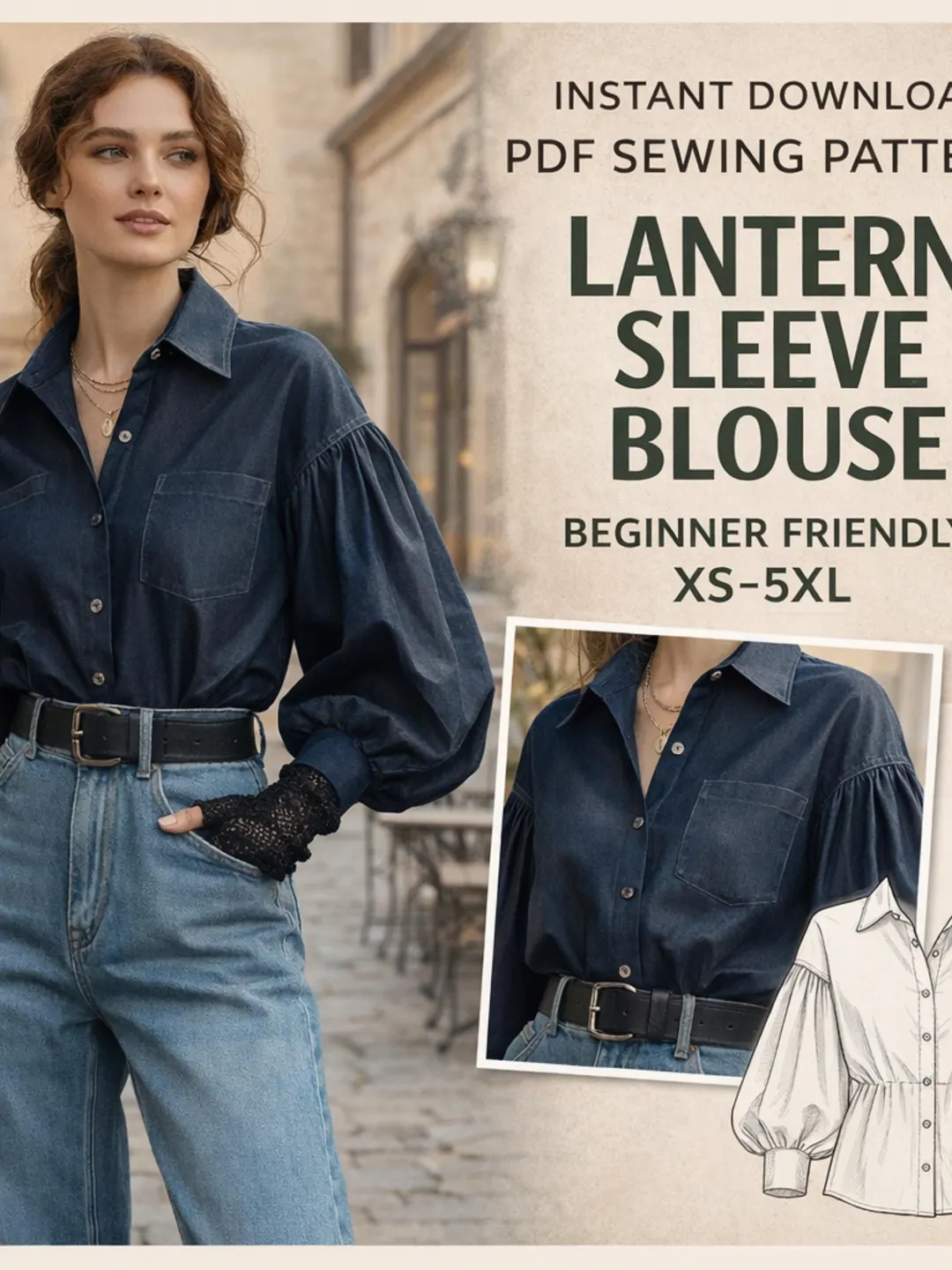 Lantern Sleeve Blouse Sewing Pattern PDF | Statement Puff Sleeve Top ...