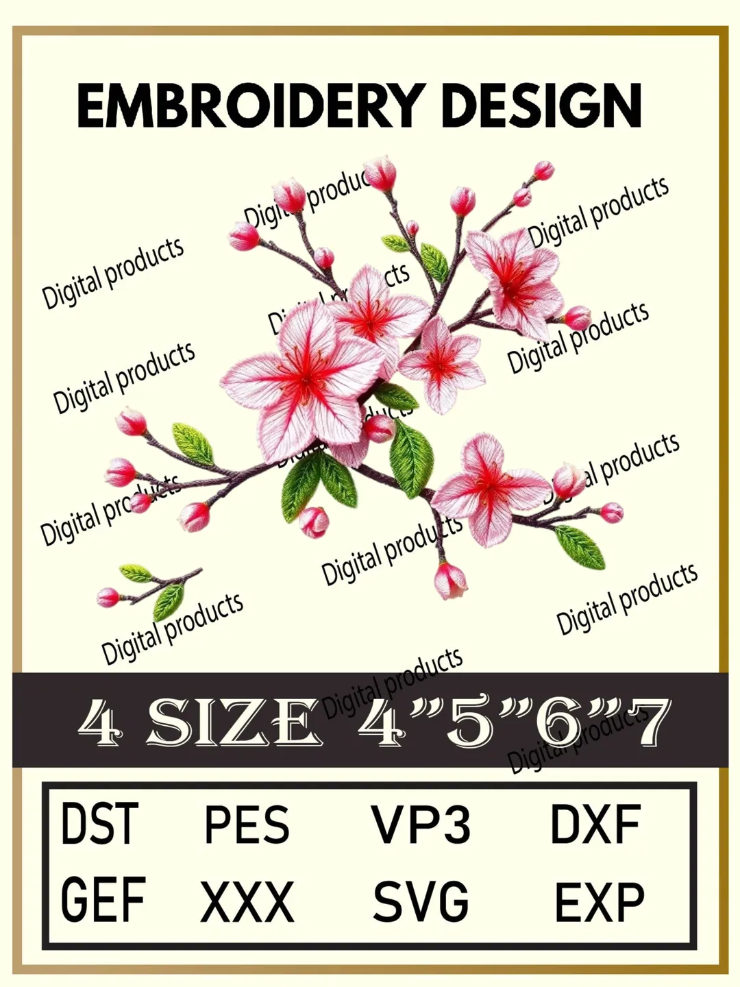 Floral Branch Embroidery Design Digital Pattern with Pink and White Blossoms and Green Leaves for Machine Embroidery Projects in Four Sizes with Multiple Compatible Formats Including DST, PES, VP3, DXF, GEF, XXX, SVG, EXP Download