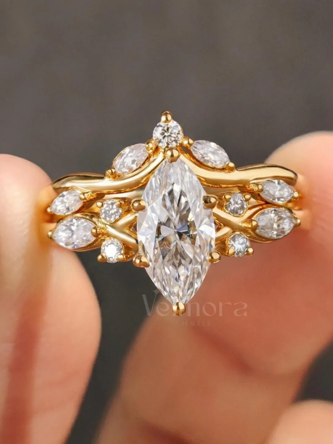 Marquise Cut Engagement Ring Set in Solid Gold, Vintage Leaf Bridal Ring
