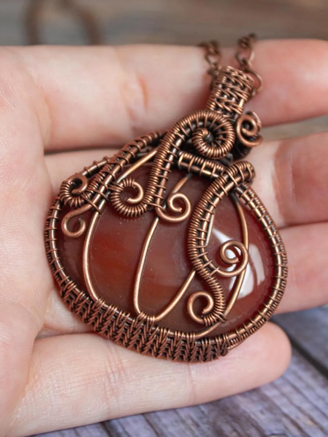 Elegant Handmade Pendant with Natural Stone in Copper Wire Wrapping