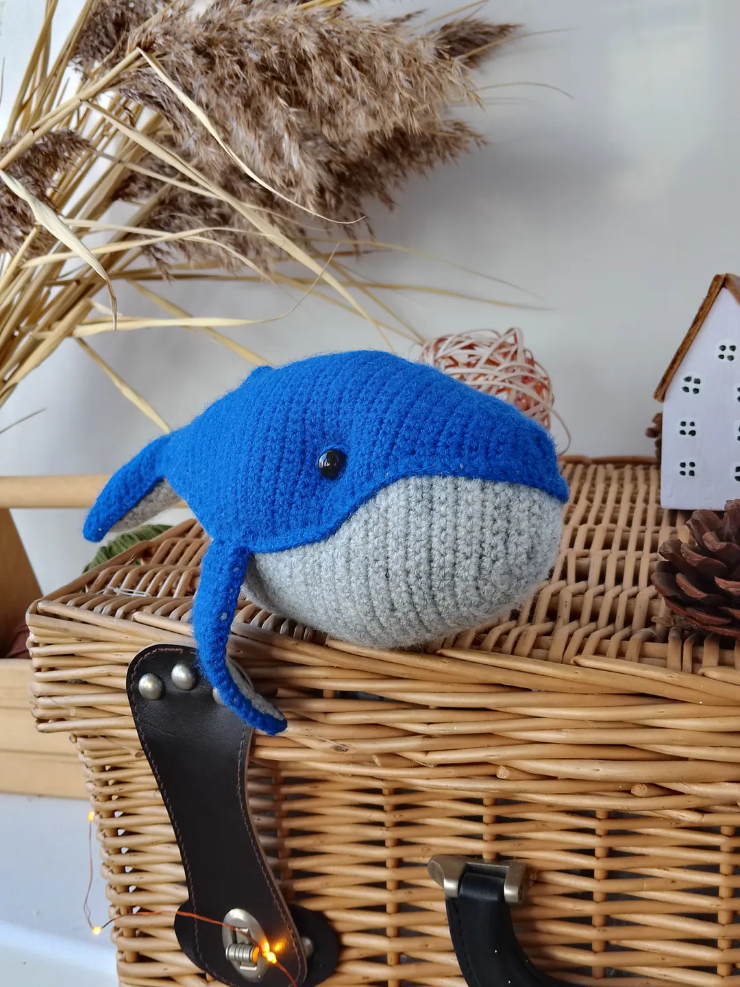 Stuffed blue Whale toy nursery decor for baby. Stuffed animal cotton yarn whale for home decor. Big original whale toy