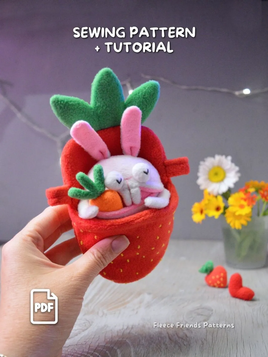 Mini Bunny Sewing Pattern PDF with Strawberry Purse, Plush Toy with Accessories and Secret Mouth Pocket