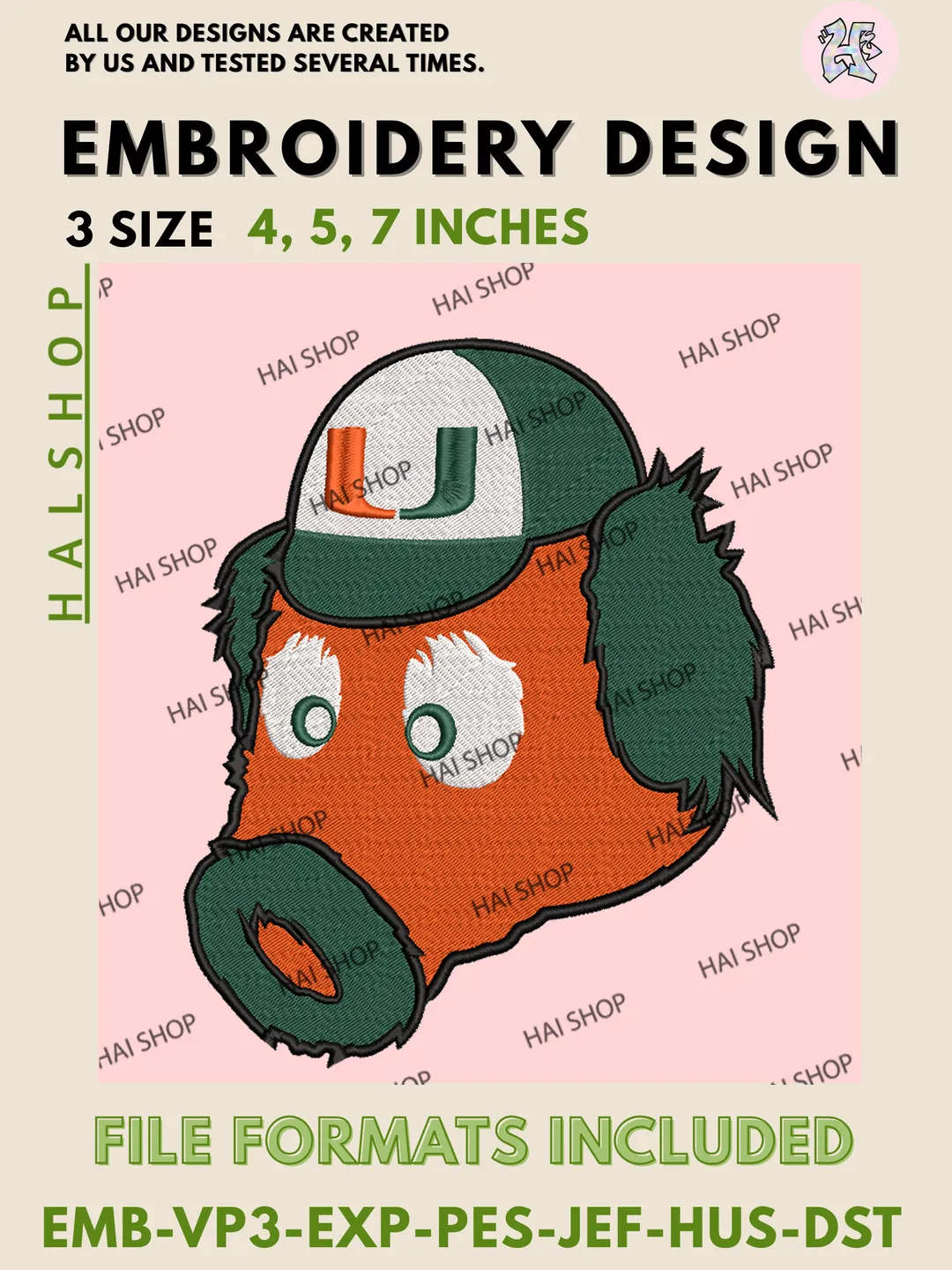 Miami Hurricanes NCAA Team Mascot Embroidery Design, NCAA Hurricanes Logo Machine Embroidery Files, Digital Download
