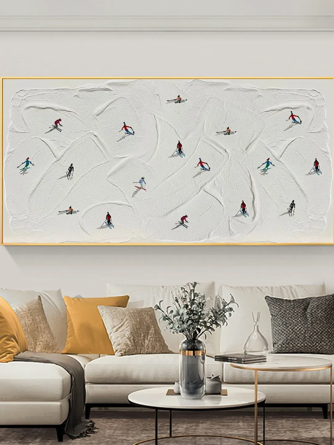 Large Original Ski Sport Painting on Canvas, Texture Wall Art, Skier on Snowy Mountain Art White Snow Skiing Art Custom Painting, Home Decor