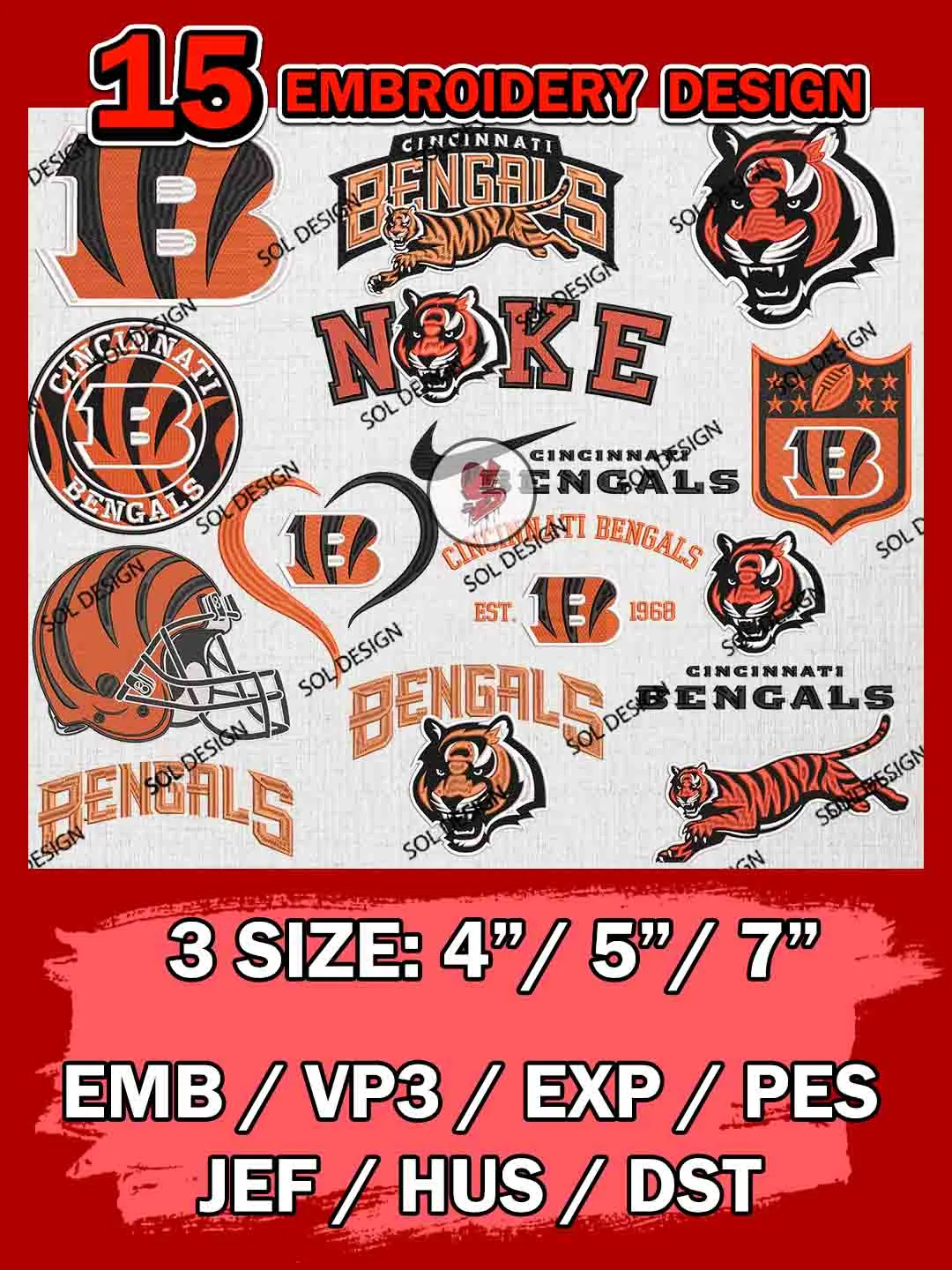 NFL Cincinnati Bengals Bundle Embroidery Files, NFL Cincinnati Bengals Team Embroidery, NFL Teams, National Football League 3 sizes, NFL Bengals Football Machine embroidery designs, Digital Download
