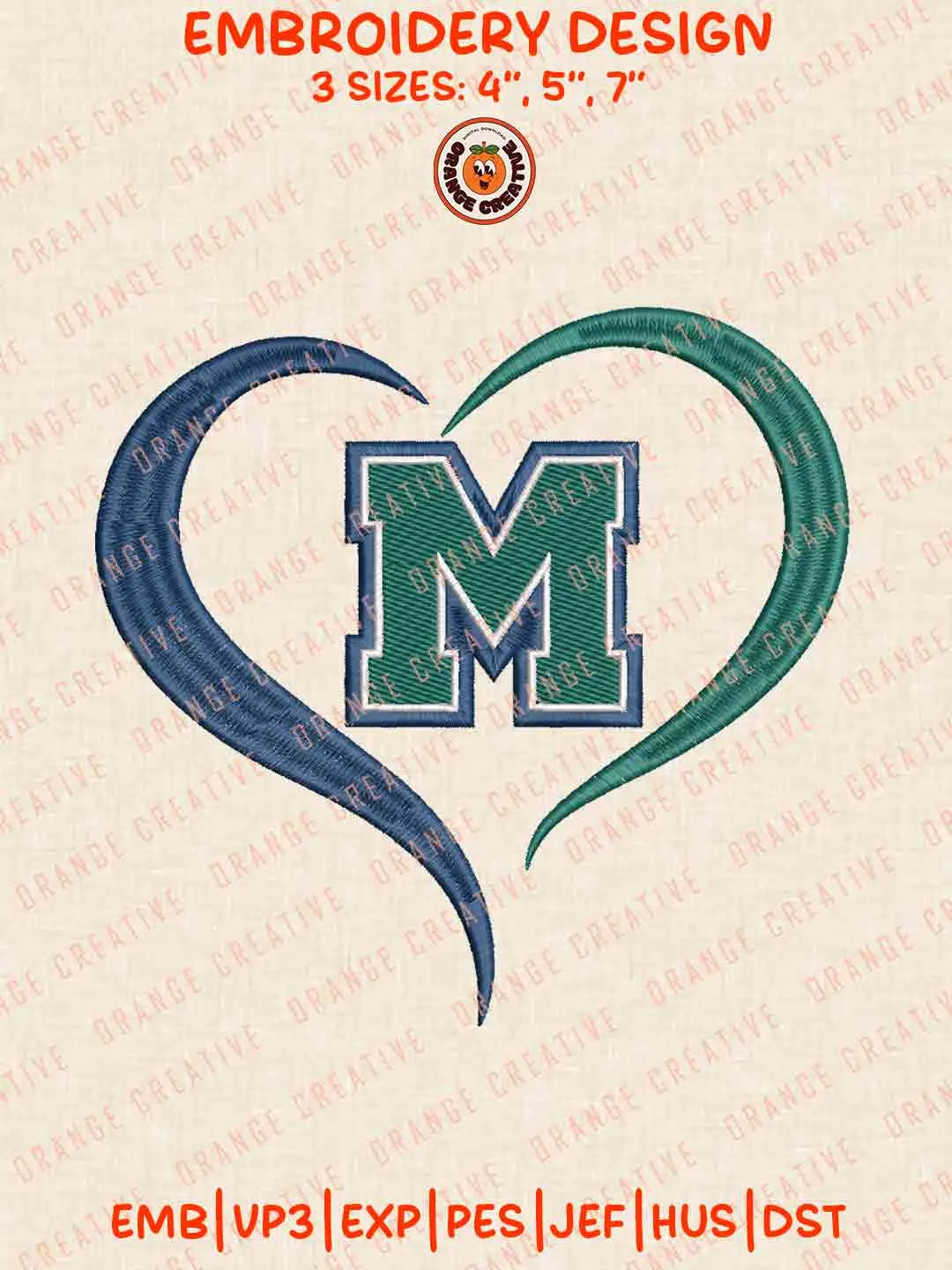 Mercyhurst Laker Heart Logo Embroidery Design, College Machine Embroidery Digitized Pes File, Football Designs, 3 Sizes, Custom Size, Instant Download