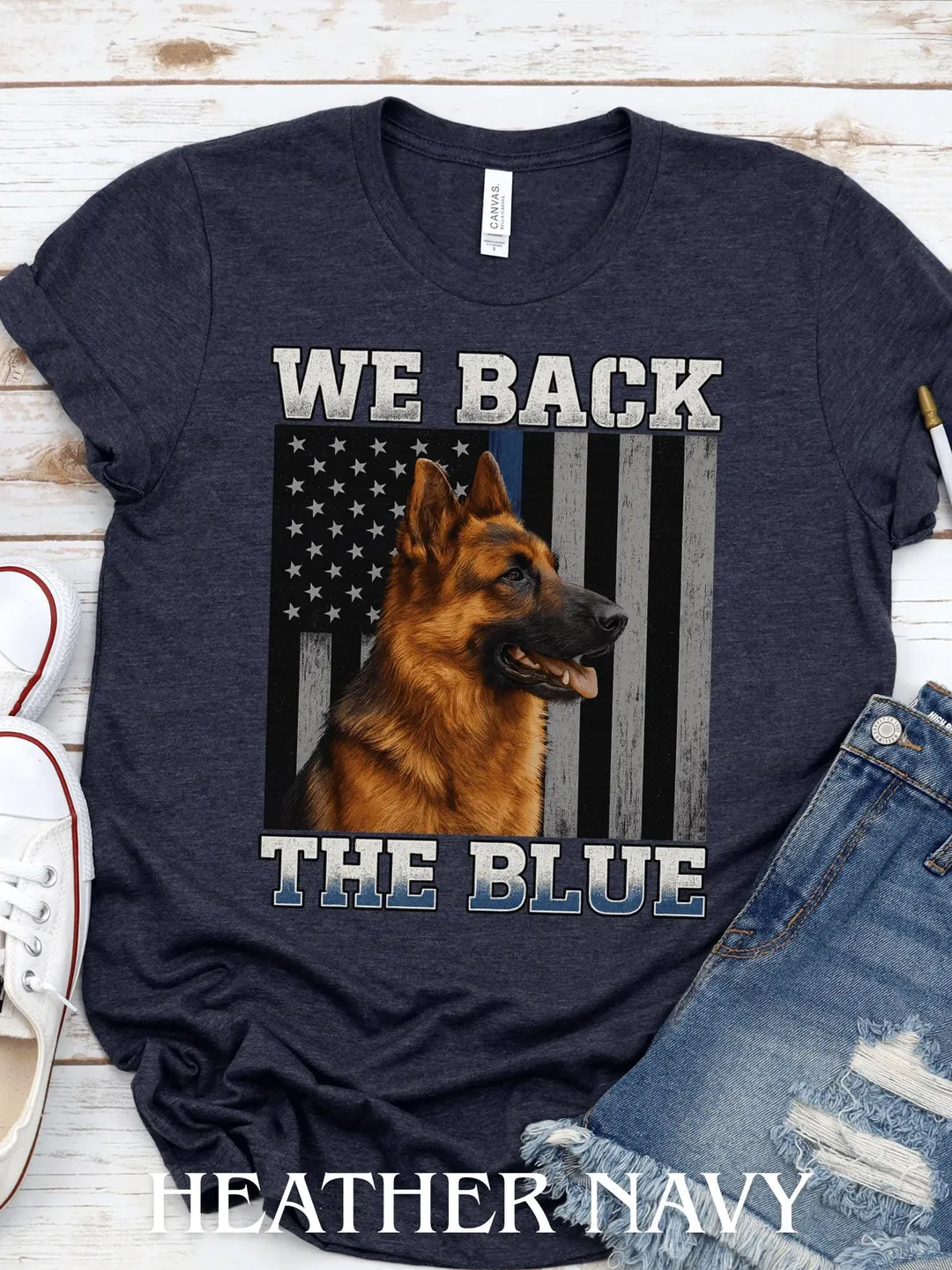German Shepherd Police Support T-Shirt: Thin Blue Line Flag K9 Graphic