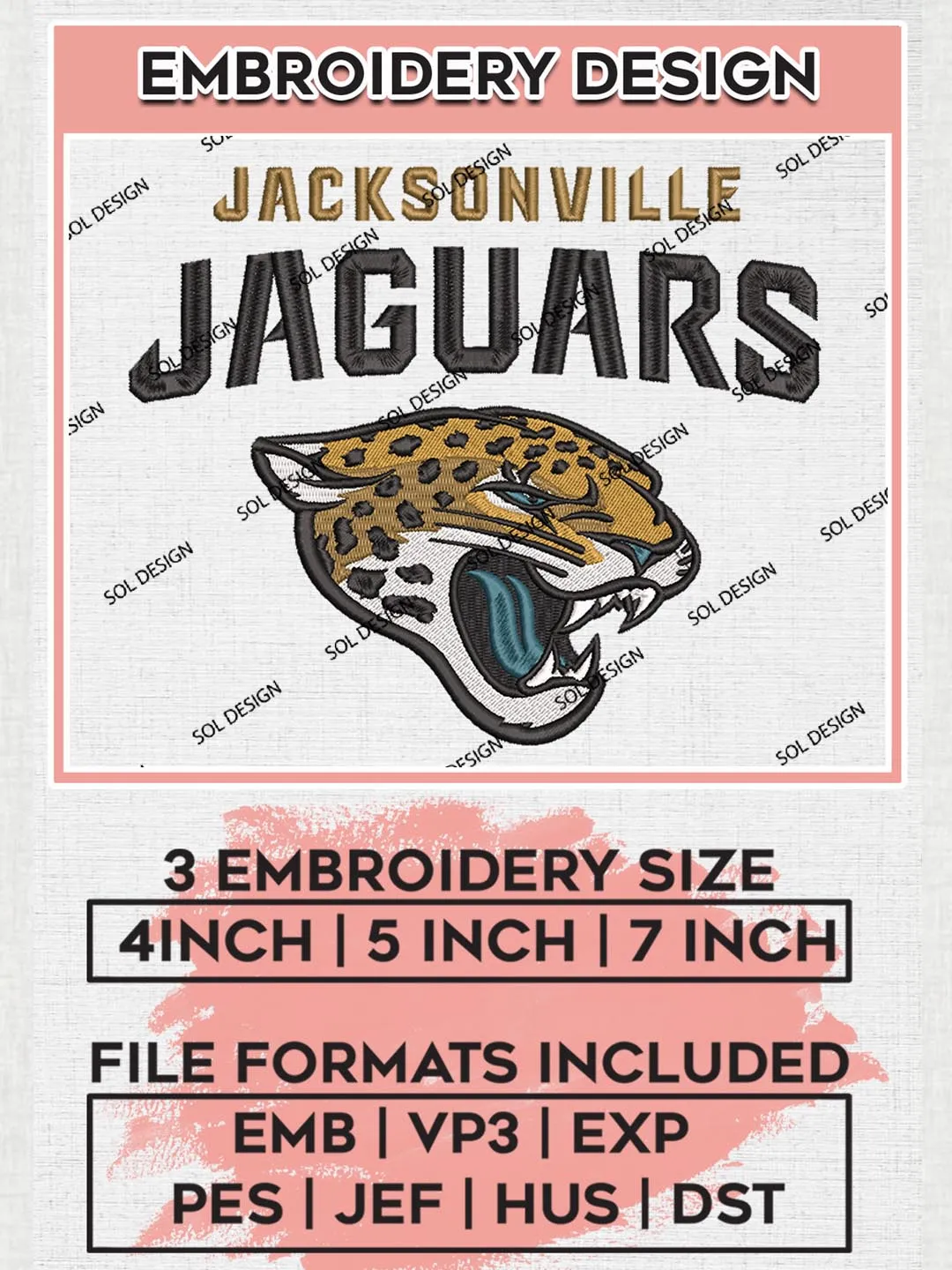 Jacksonville Jaguars Embroidery Design Files, NFL Jaguars, NFL Embroidery Designs, NFL Jacksonville Jaguars Machine Embroidery Design, Digital Download