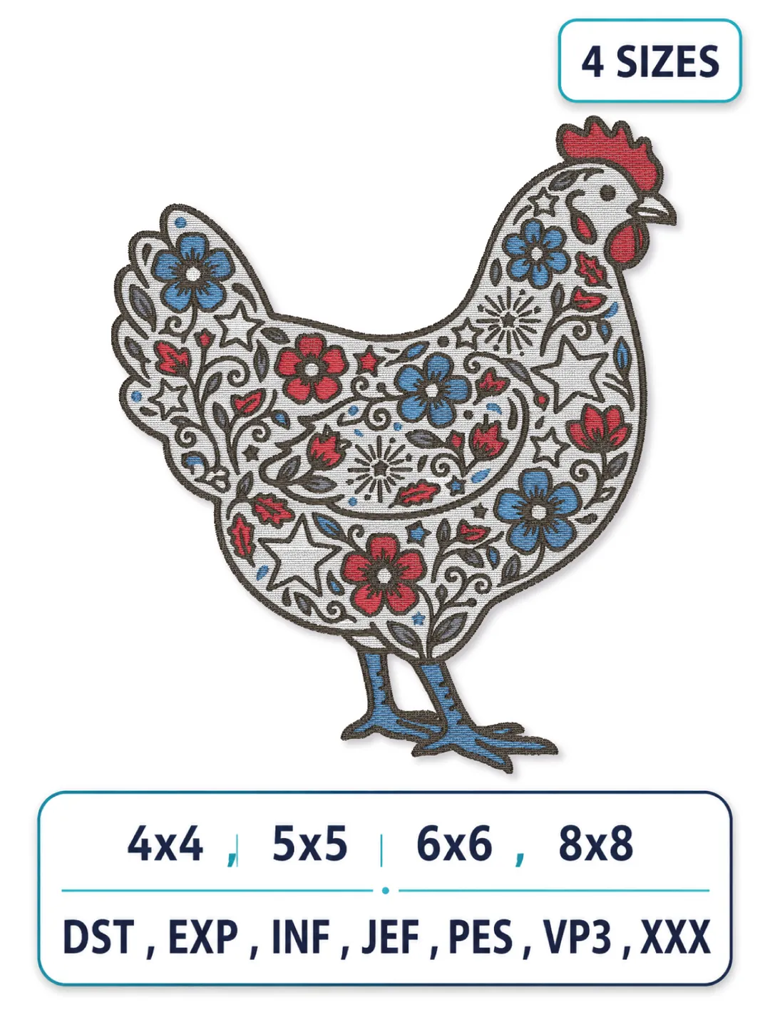 Folk Art Floral Chicken Machine Embroidery Design - 4 Sizes