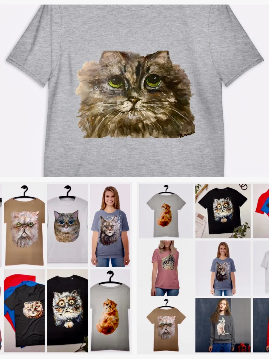 Grey fluffy Cat Short-Sleeve Unisex T-Shirt made with my original cat watercolour painting,cat designer shirts,unique handmade t shirts