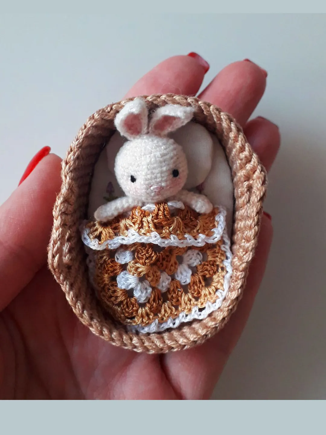 Miniature bunny in basket. crochet mini bunny. miniature toy in bed. Cute bunny for gift. crochet miniature