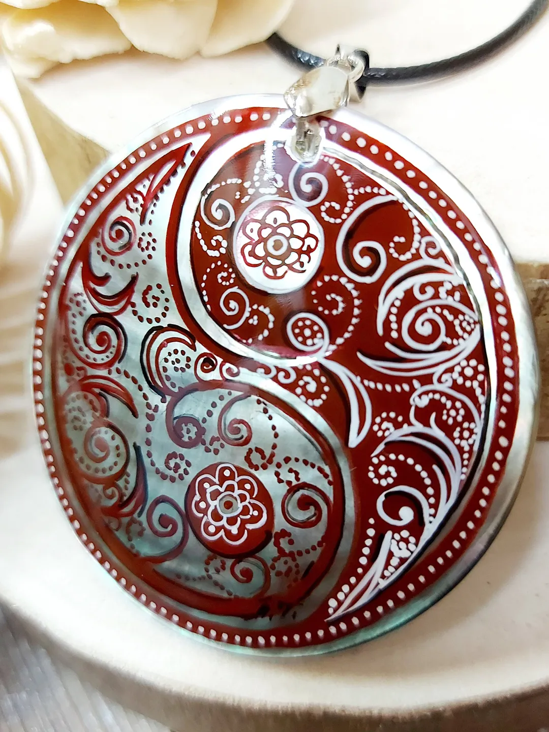 Pearl pendant necklace: Brown Paisley Yin Yang nacklace hand painted on ...