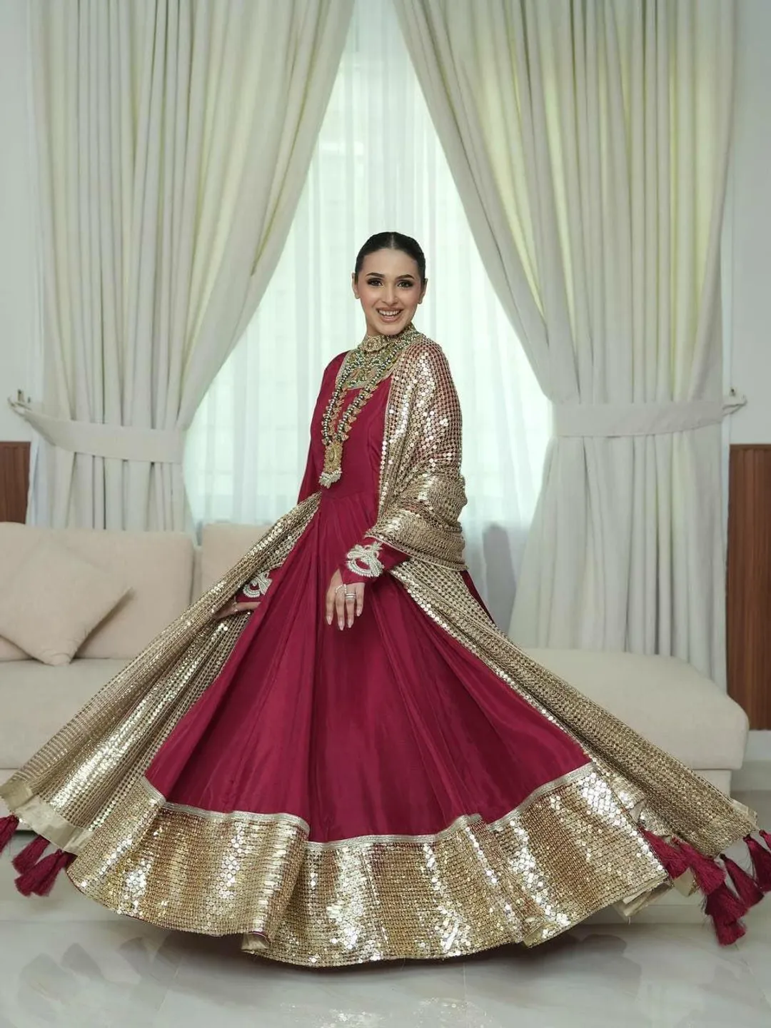 maroon and gold indian dress Maroon Anarkali Gown with Gold Sequin Dupatta Indian Wedding Party Dress Festive Ethnic Gown for Women outfit