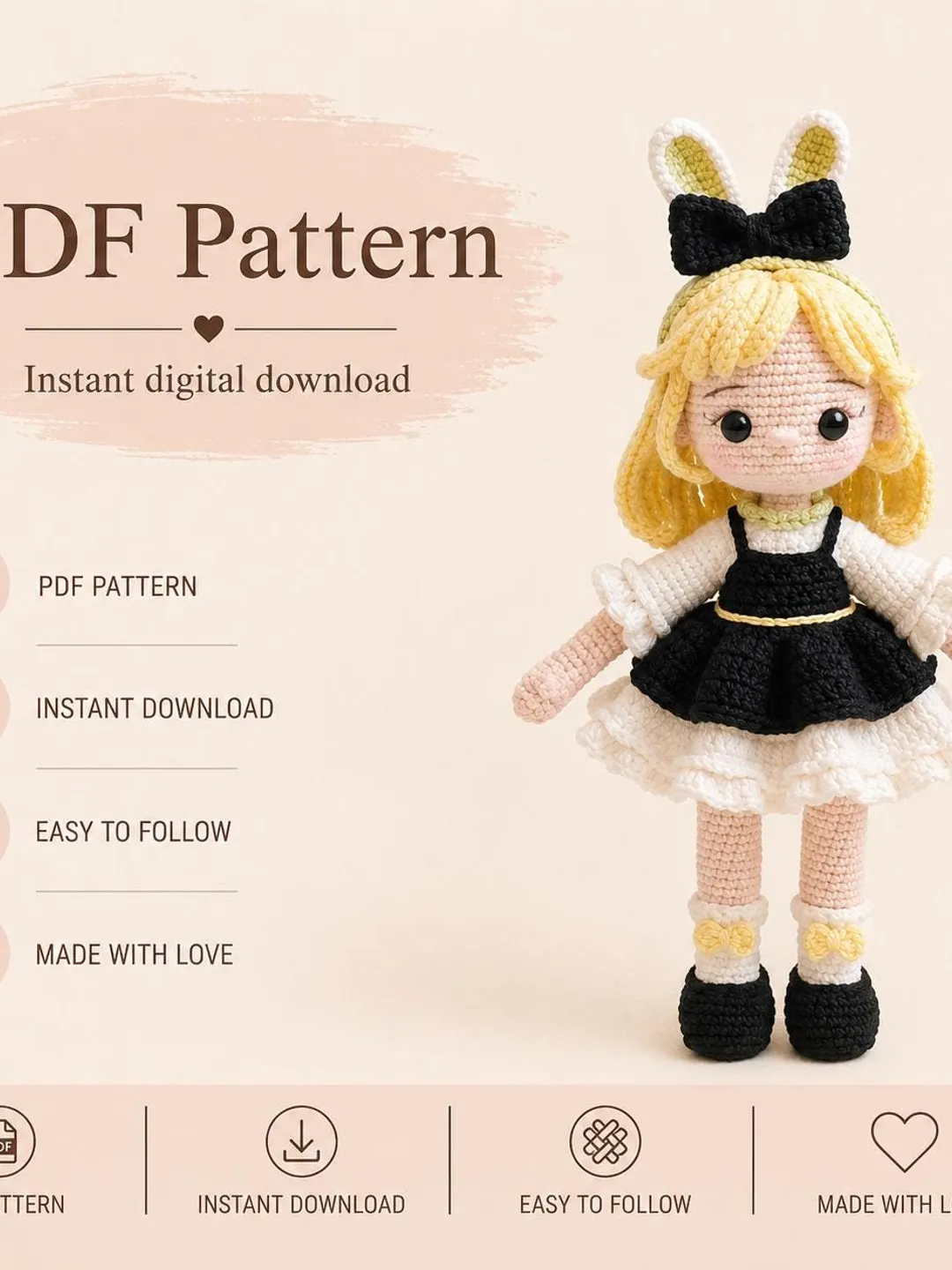 Doll Crochet Pattern PDF | Amigurumi Doll Plush Toy | Handmade Doll | Beginner Friendly Crochet Tutorial | Doll Pattern | Bunny Ear Doll