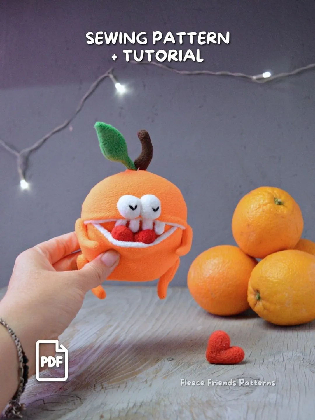 Orange Fruit Monster Plush Sewing Pattern PDF with Secret Mouth Pocket & Teeth