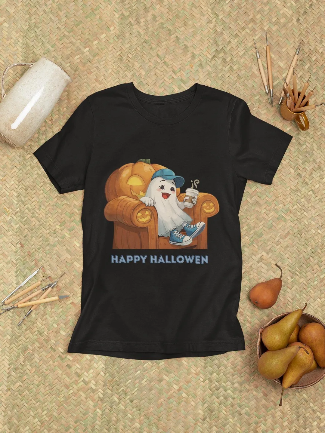 Cute Ghost Drinking Coffee on Pumpkin Chair t shirt  Funny Halloween Ghost on Pumpkin Chair Drinking Coffee Tee  Cute Halloween Shirt