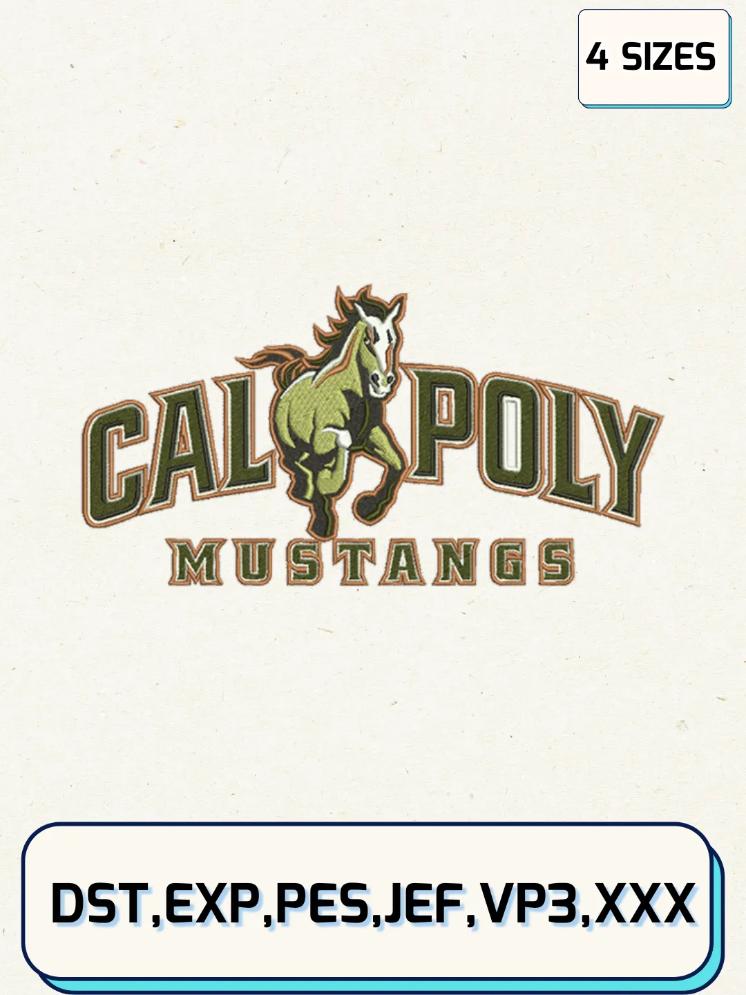 Cal Poly Mustangs Embroidery Design Files, NCAA Logos Embroidery Designs, Machine Embroidery Files, 4 Sizes