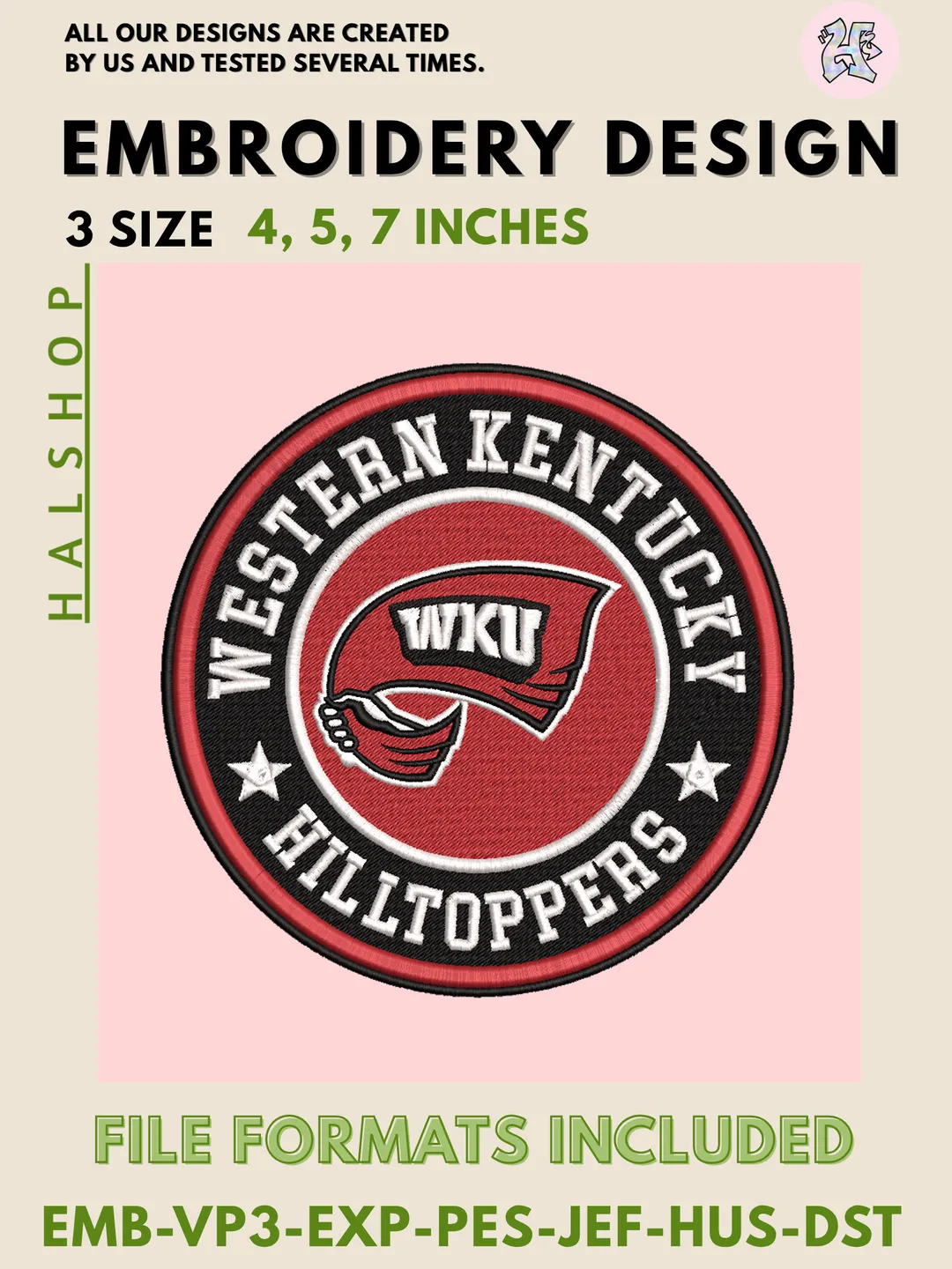 NCAA Western Kentucky Hilltoppers Logo Embroidery Files – College Team Design, 3 Sizes, Instant Digital Download for Machine Embroidery Projects