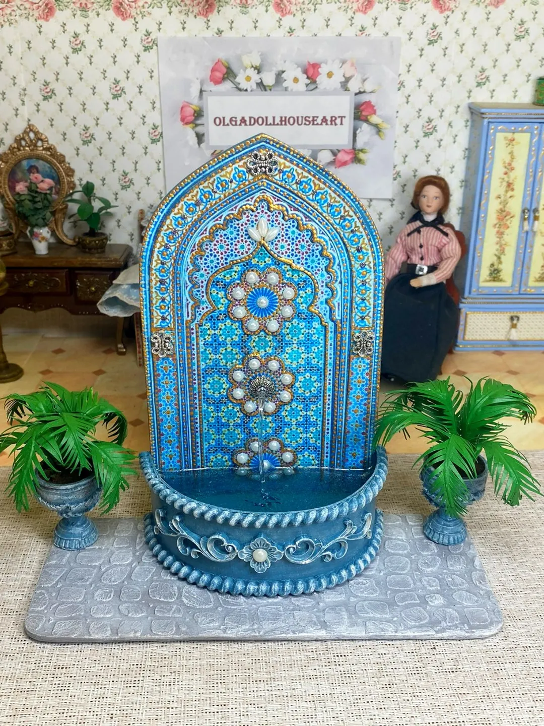 Miniature handmade doll fountain. Dollhouse miniature. 1:12. Handmade. Oriental fountain for dolls.