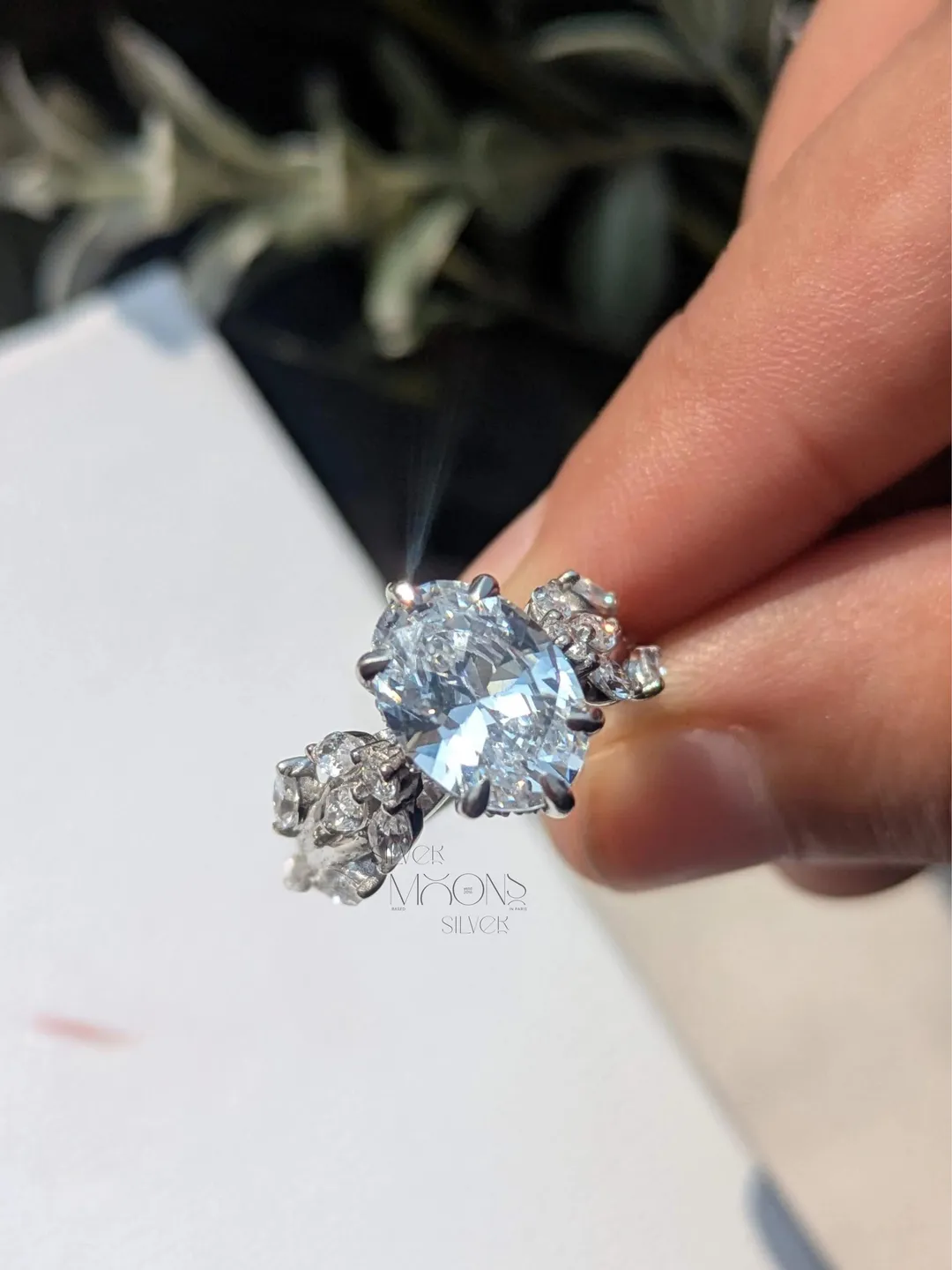 Oval Moissanite Engagement Ring, 3CT Lux Grace Solitaire Ring, 925 Sterling Silver Oval Side Stone Wedding Ring for Women