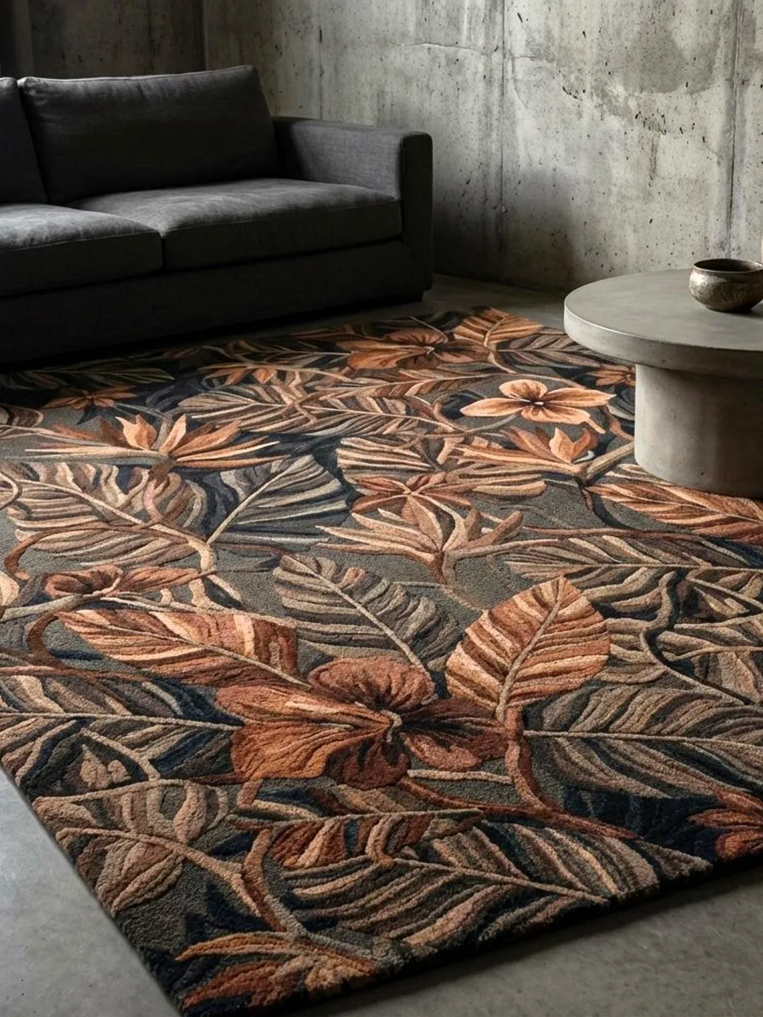 Hand Tufted Wool Rug, Dark Floral Tropical Leaf Design