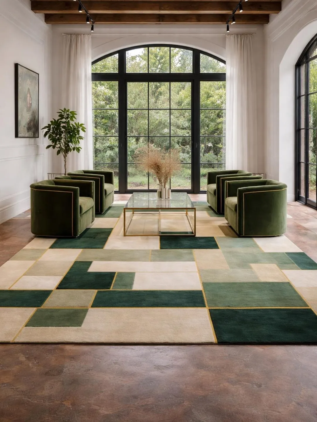 Green Geometric Wool Rug, Modern Hand Tufted Area Rug, Luxury Abstract ...
