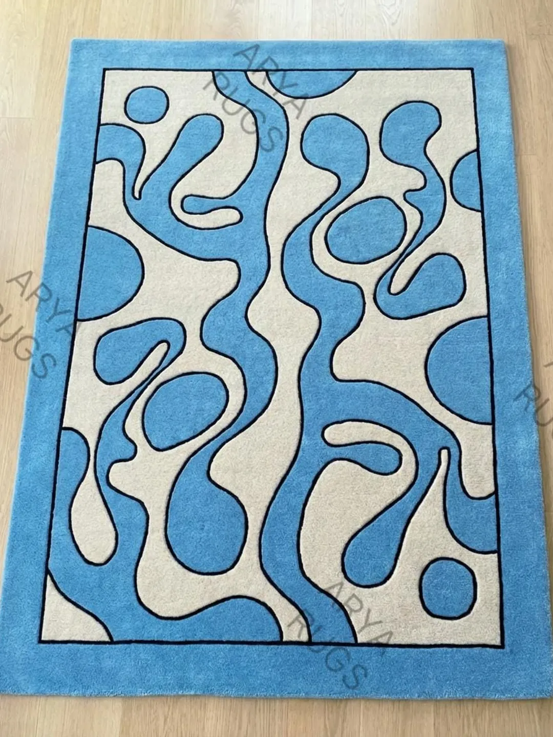 Modern Sky Blue and Cream Abstract Wavy Hand Tufted Area Rug with Black ...