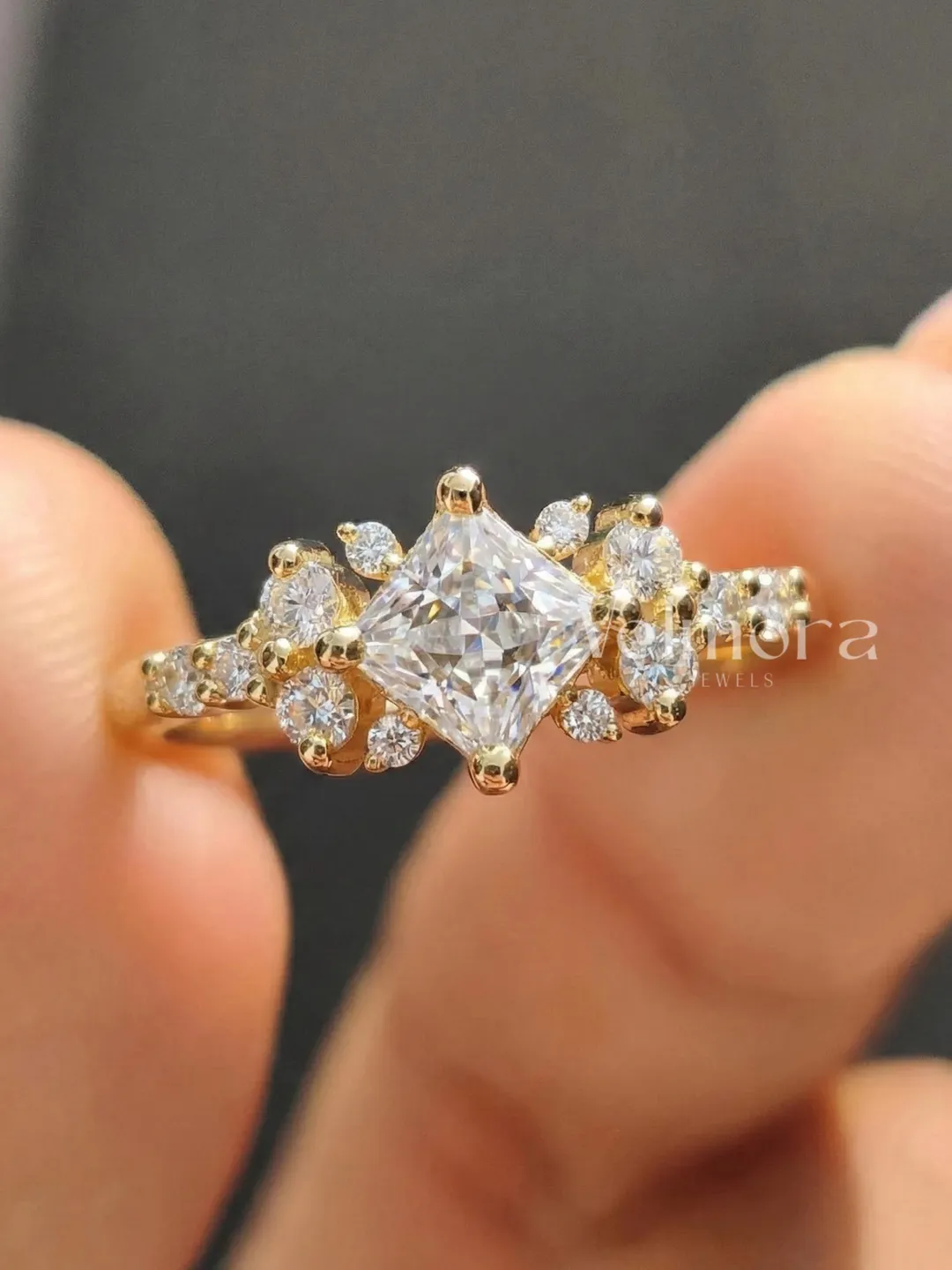 Princess Cut Moissanite Engagement Ring, 14K Yellow Gold Halo Cluster