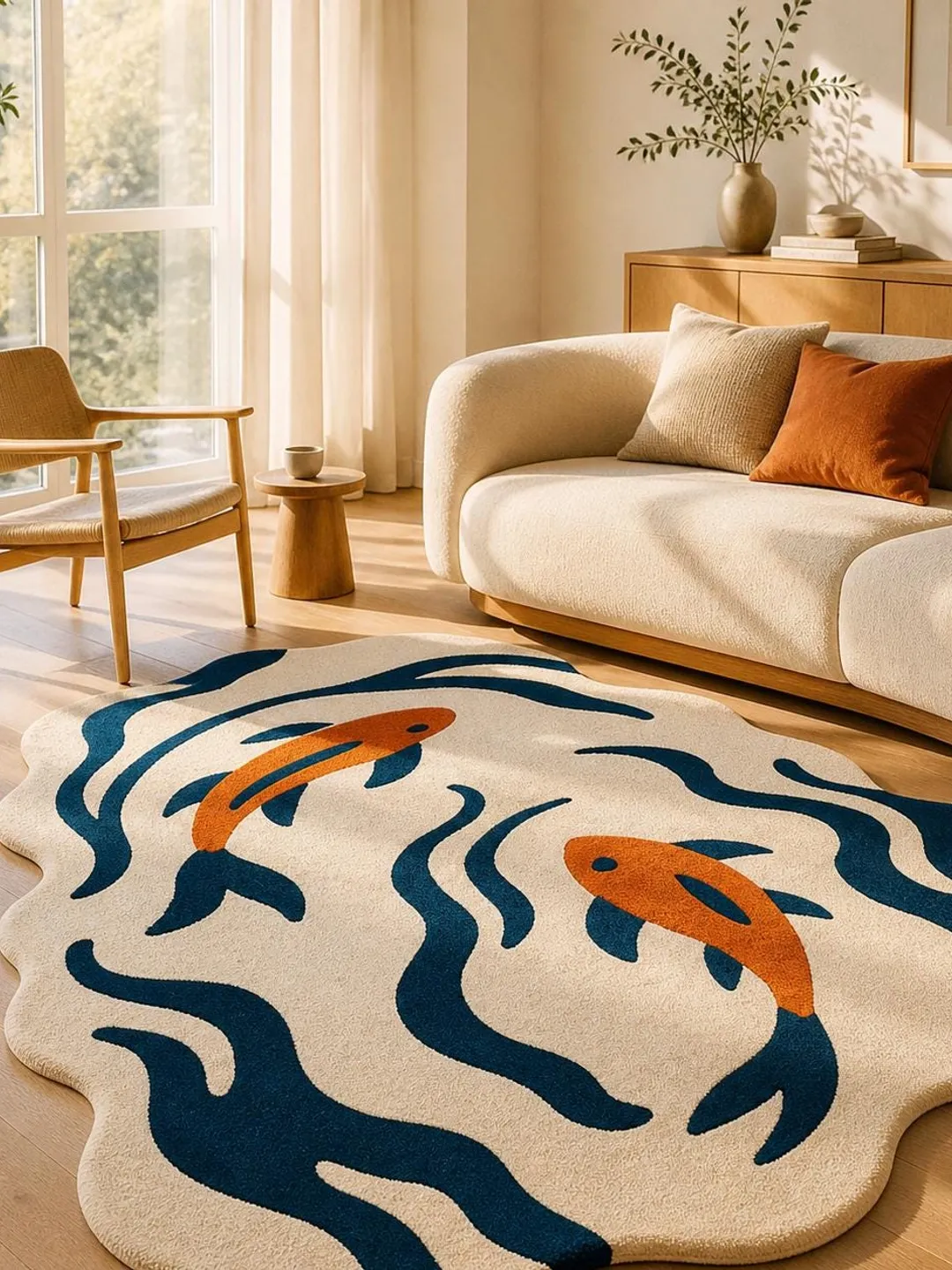 Handmade Wool Patchwork Area Rug, irregular shape fish  Living Room Carpet