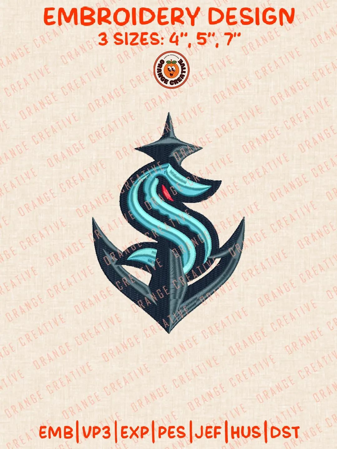 Seattle Kraken Logo Embroidery Designs, NHL Hockey Team Logo Embroidery Files, Machine Embroidery Design File, 4 Sizes, Custom Size, Digital Download