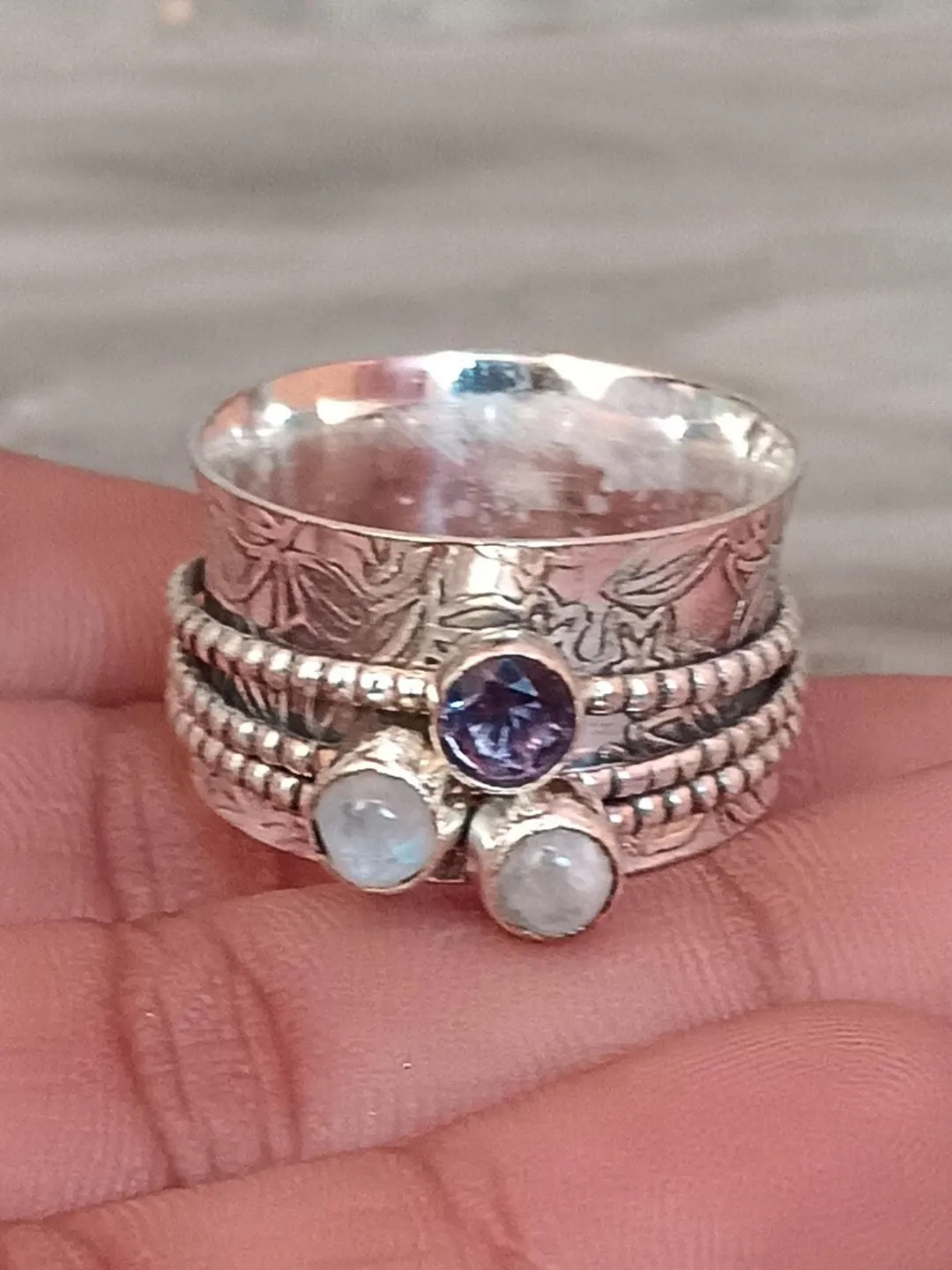 Handmade Sterling Silver Spinner Ring, Moonstone & Amethyst