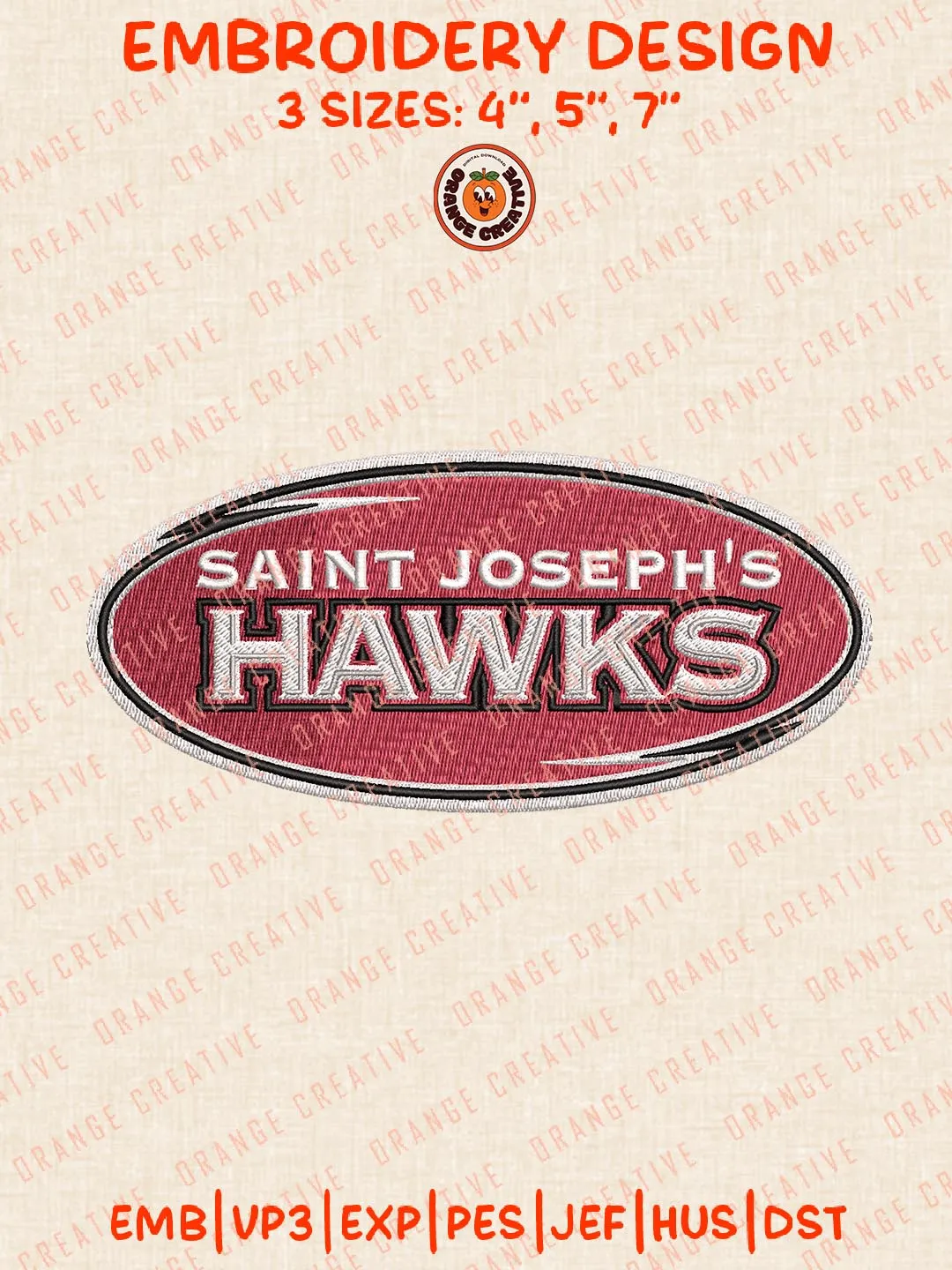 Saint Josephs Hawks Embroidery Design, NCAA Team Logo Embroidery Design, Machine Embroidery Design File, 4 Sizes, Custom Size, Digital Download