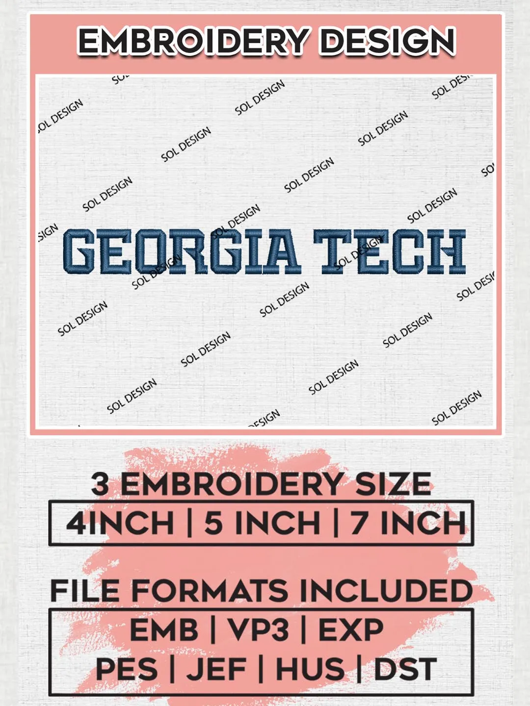 NCAA Georgia Tech Team Word Logo Embroidery Design Files, NCAA Georgia Tech Yellow Jackets Machine Embroidery, NCAA Teams, 3 sizes, NCAA Machine embroidery designs, Digital Download