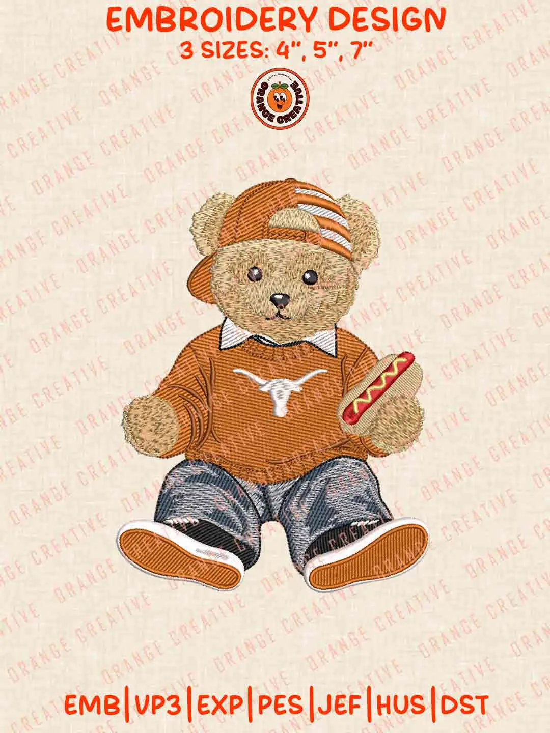 Texas Longhorn Teddy Bear Embroidery Files, Football Embroidery Designs, College Sport Machine Embroidery Files, 3 Sizes, Custom Sizes, Instant Download