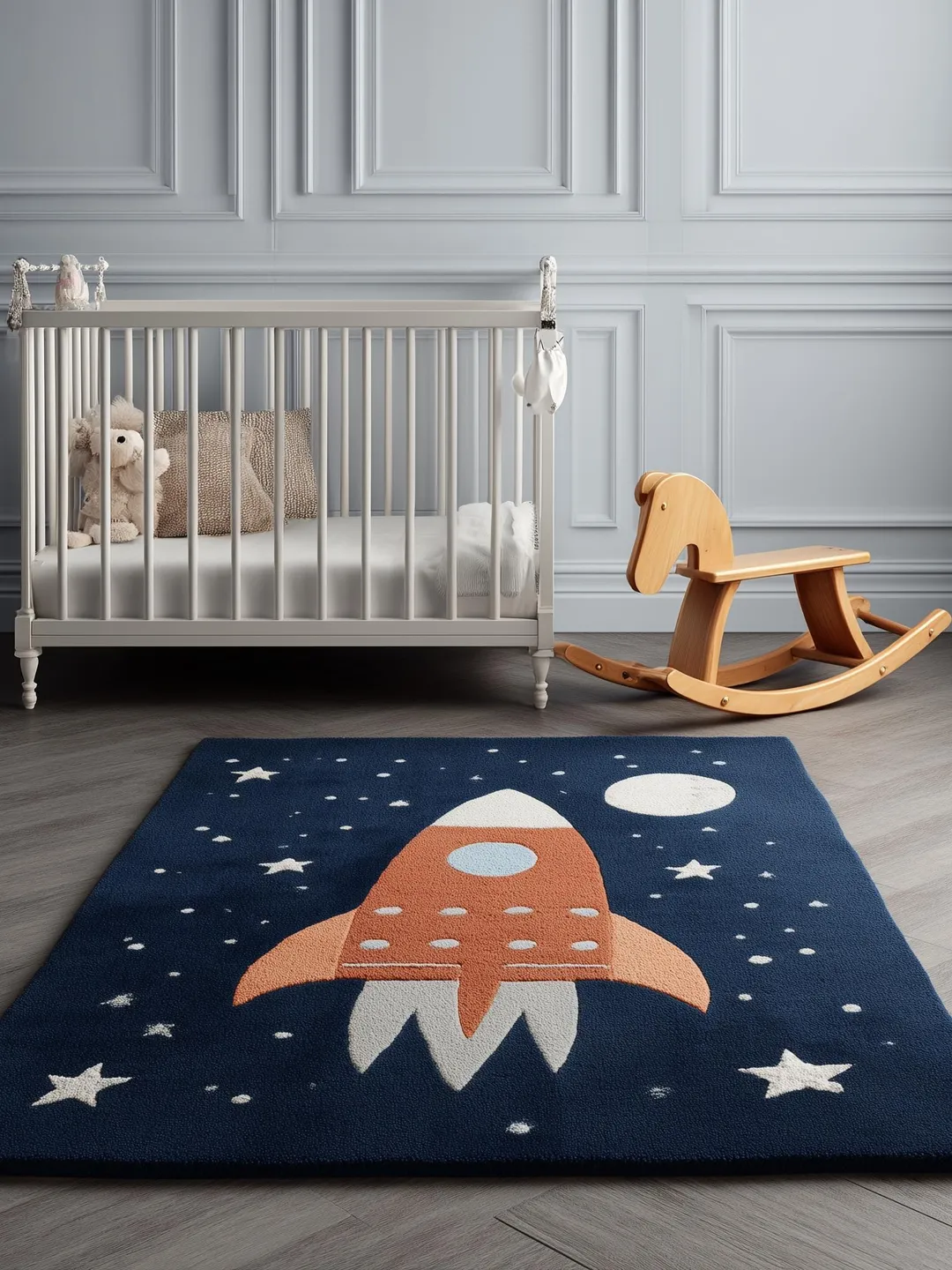 Handmade Tufted Wool Rocket Ship Rug | Space Nursery Decor
