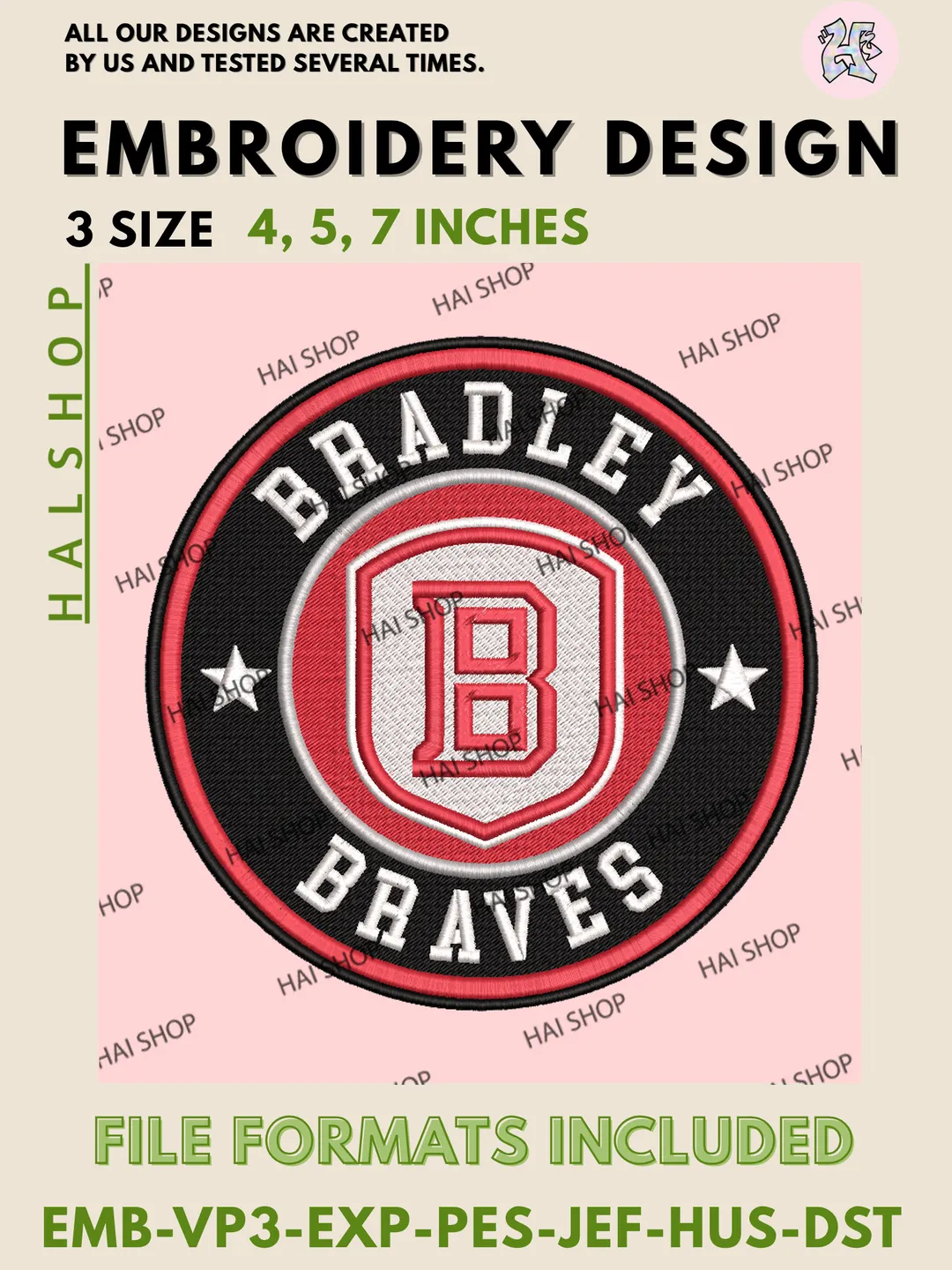 Bradley Braves Football Head Logo NCAA Team Machine Embroidery Design, Digital Files